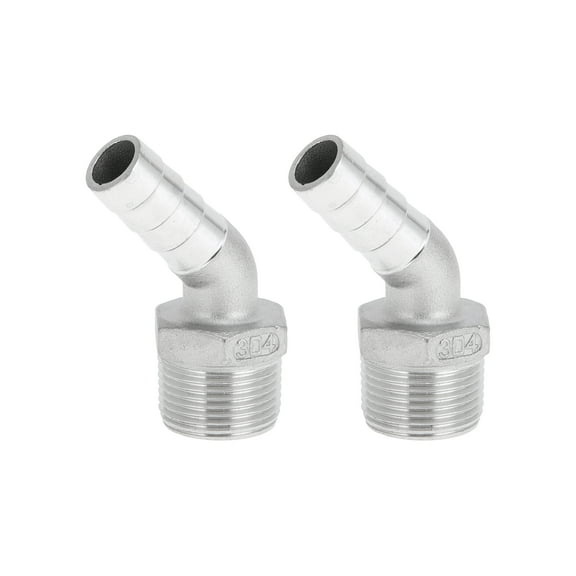 Unique Bargains 304 Stainless Steel Hose Barb Fittings 19/32" OD 3/4" BSPT 45 Degree Elbow Joint for Air Water Oil Gas Fuel 2 Pcs Silver Tone