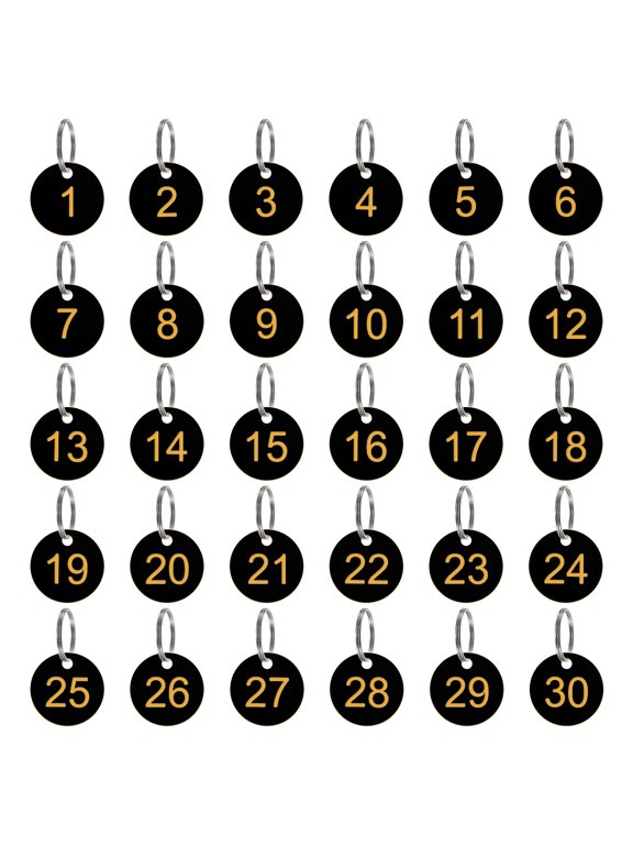 30Pcs Durable Round Number Key Tags Black-Yellow