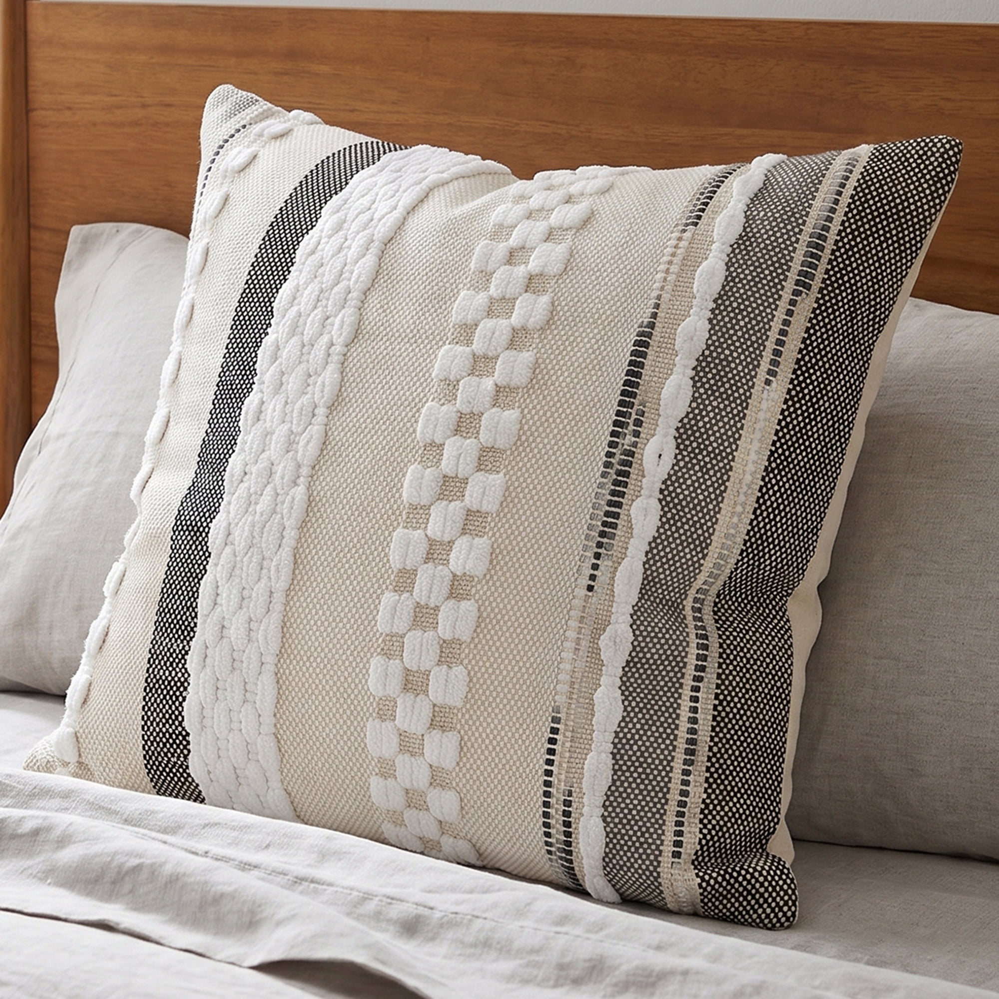 Unique Bargains 3D Chenille Tufted Pillow Cover Grid Stripe Cushion Case Beige 18"x18"