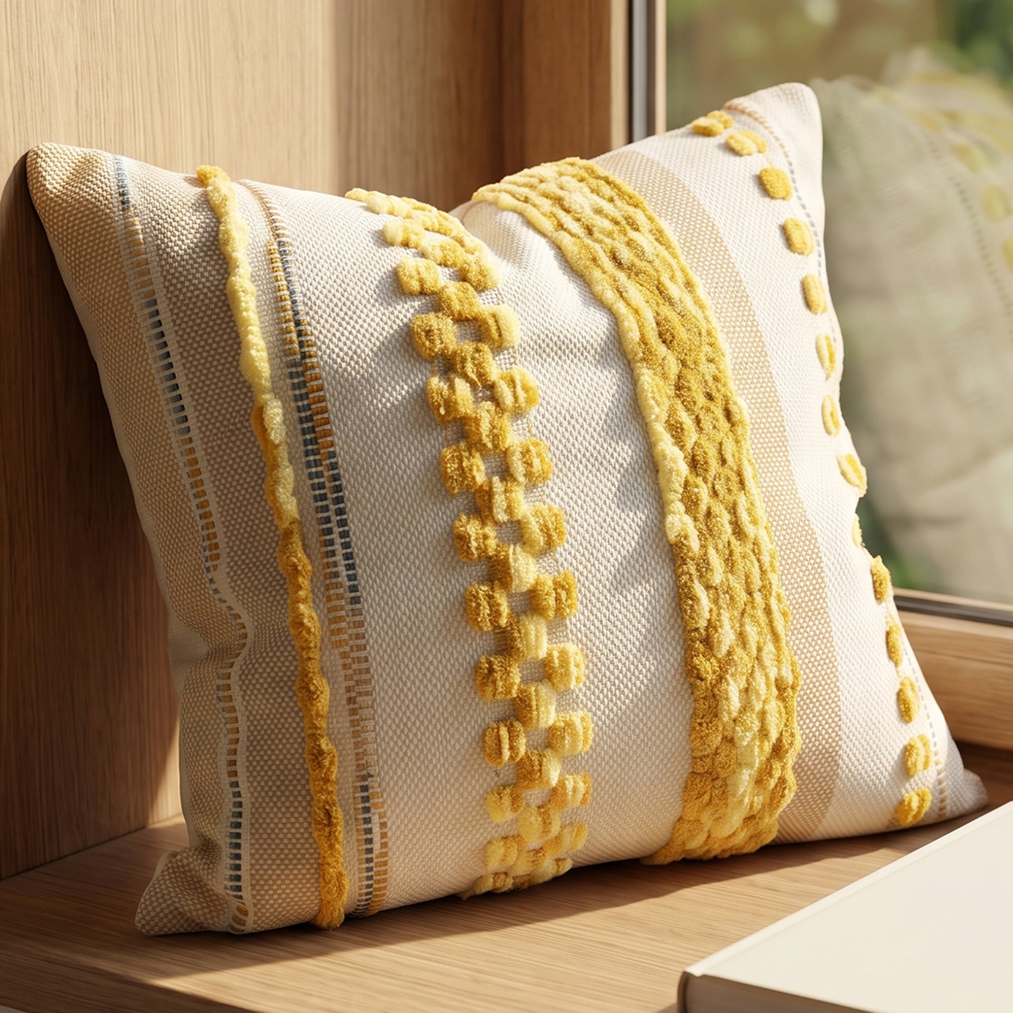 Unique Bargains 3D Chenille Tufted Pillow Cover Grid Stripe Cushion Case Yellow 18"x18"