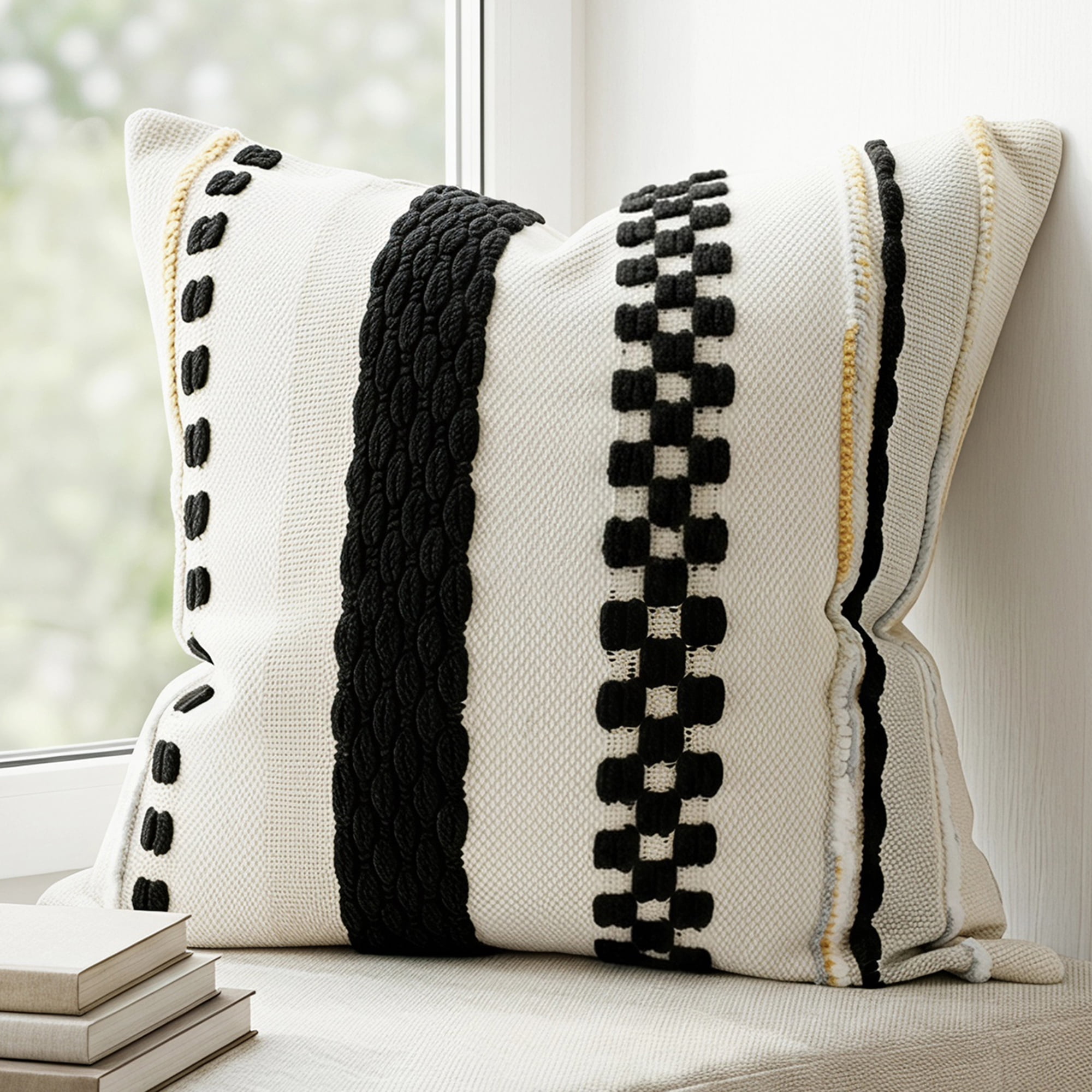Unique Bargains 3D Chenille Tufted Throw Pillow Cover Grid Stripe Case Black 18"x18"