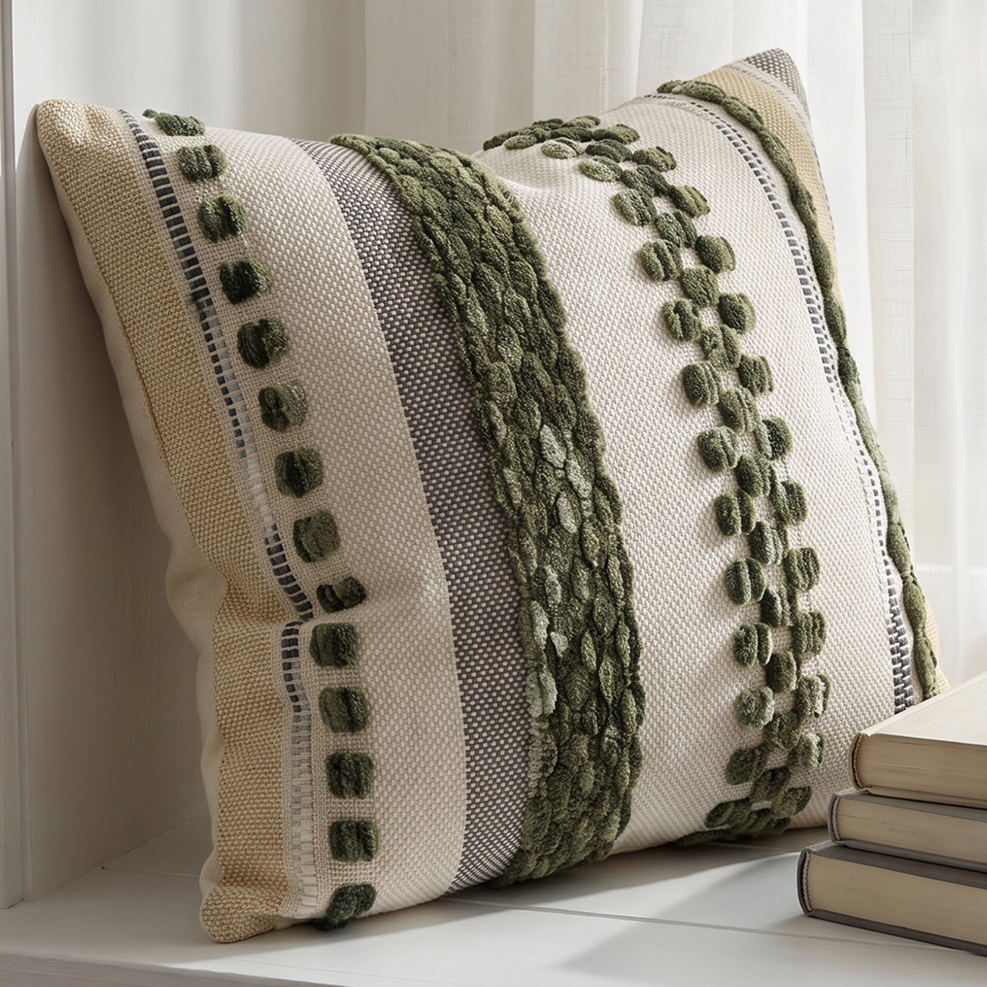 Unique Bargains 3D Chenille Tufted Throw Pillow Cover Grid Stripe Case Green 18"x18"