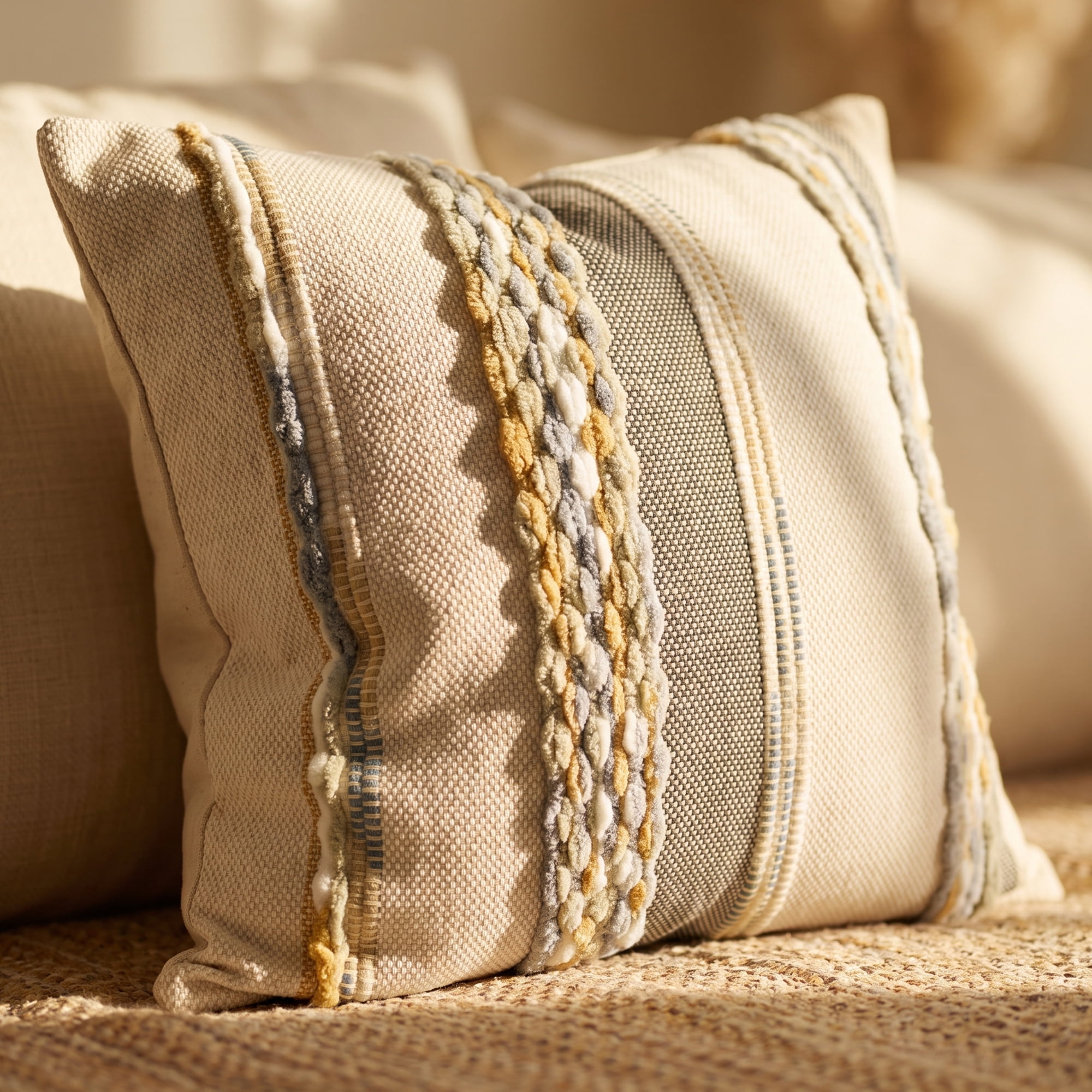 Unique Bargains 3D Chenille Tufted Throw Pillow Cover Grid Stripe Case Grey Yellow 18"x18"