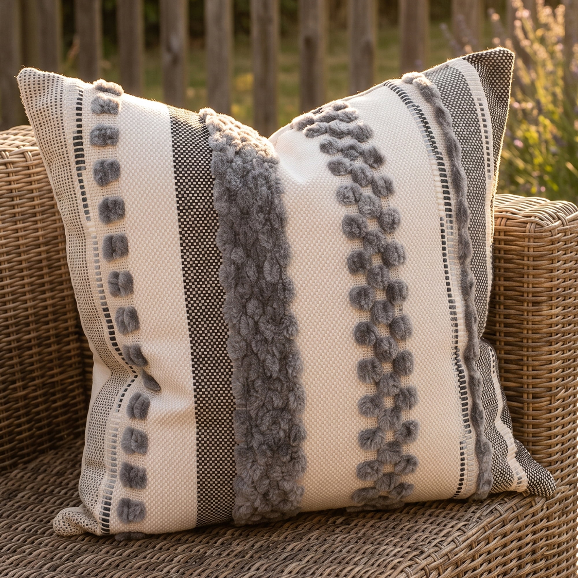 Unique Bargains 3D Chenille Tufted Throw Pillow Cover Grid Stripe Case Light Grey 18"x18"