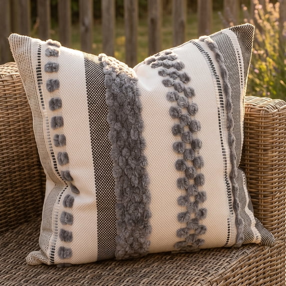 Unique Bargains 3D Chenille Tufted Throw Pillow Cover Grid Stripe Case Light Grey 18"x18"