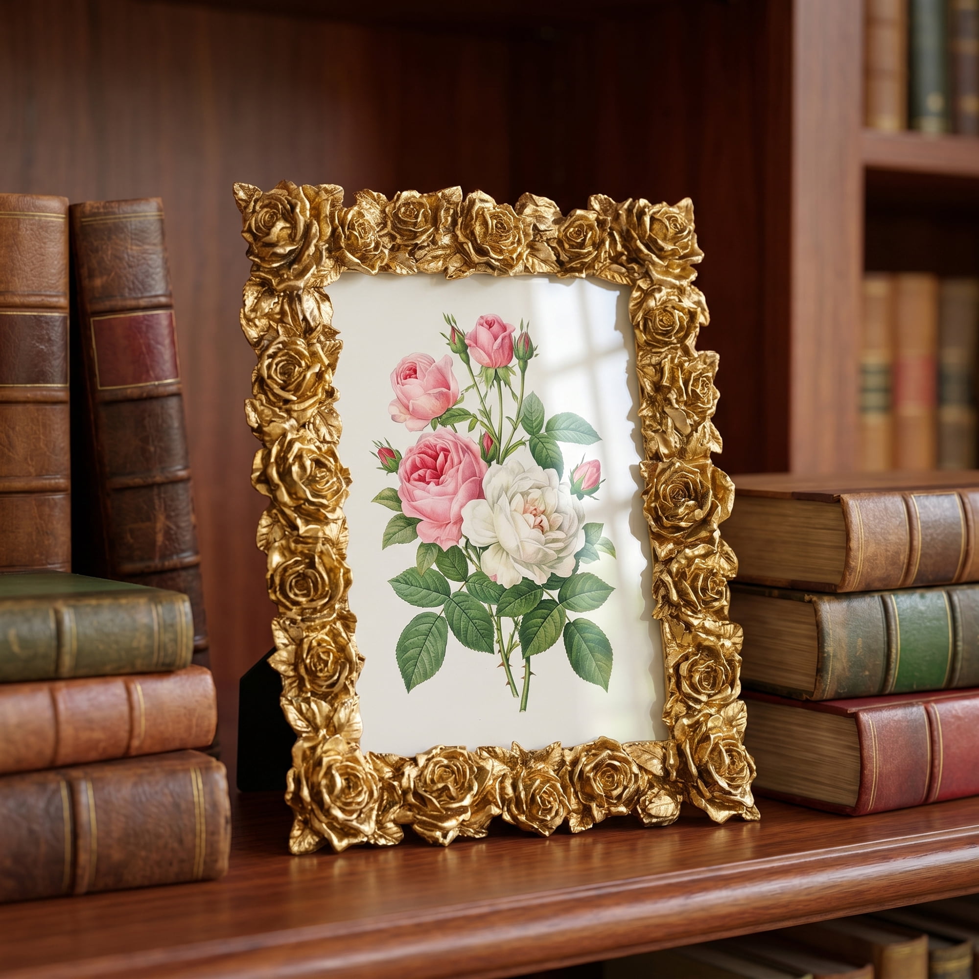 Unique Bargains 3D Rose Resin Wedding Decor Picture Frame Gold 4" x 6"