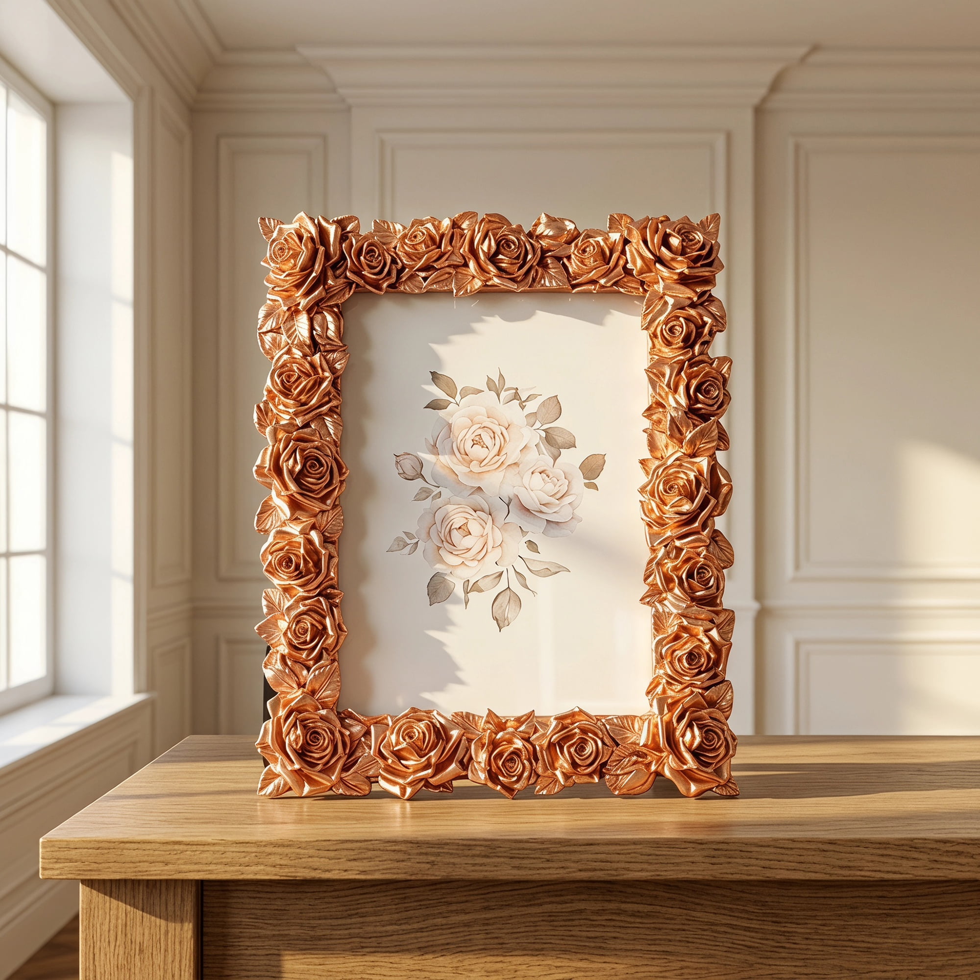 Unique Bargains 3D Rose Resin Wedding Decor Picture Frame Rose Gold 5" x 7"
