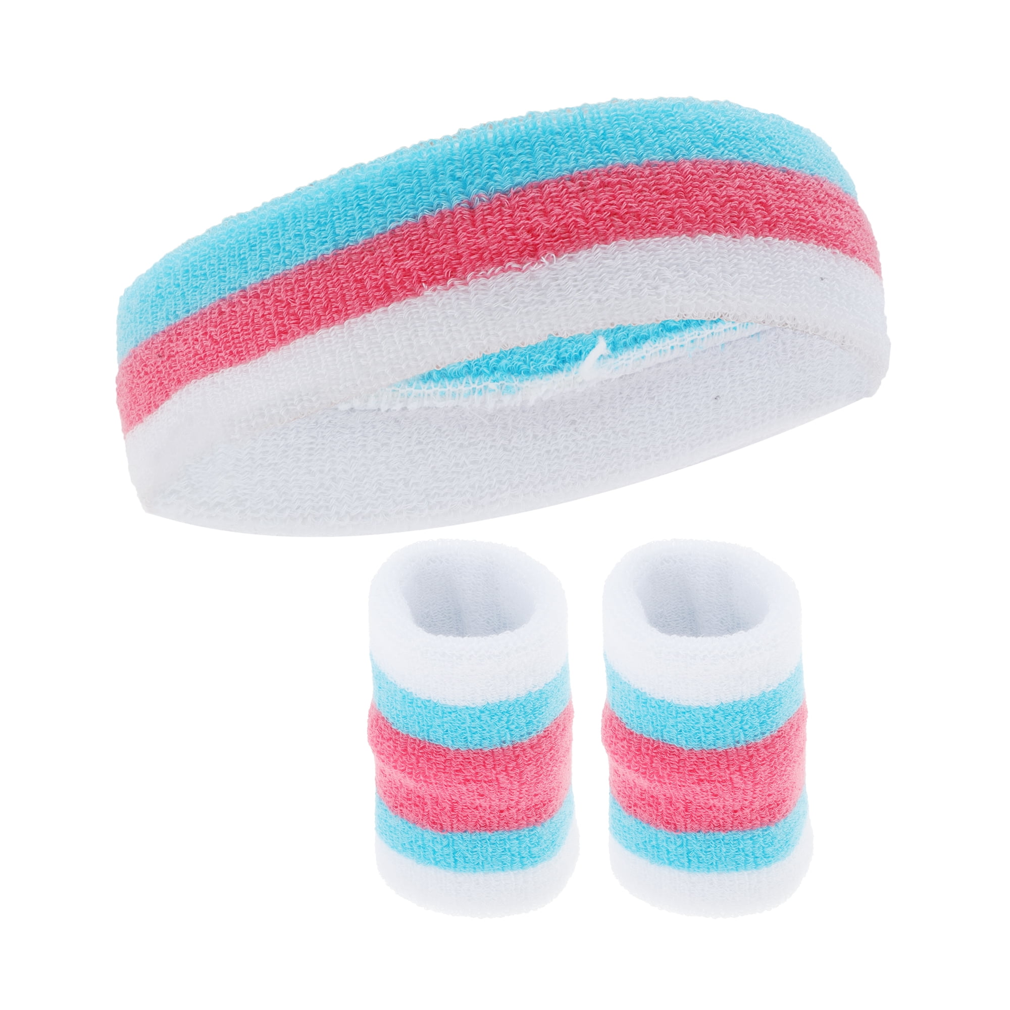 Unique Bargains 3Pcs Comfortable Headband With Wristband Sweat Headband White Blue Red