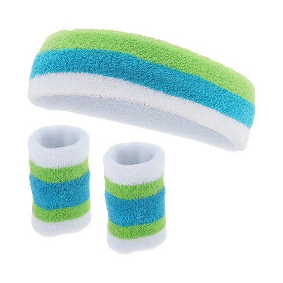 Unique Bargains 3Pcs Comfortable Headband With Wristband Sweat Headband White Green Blue