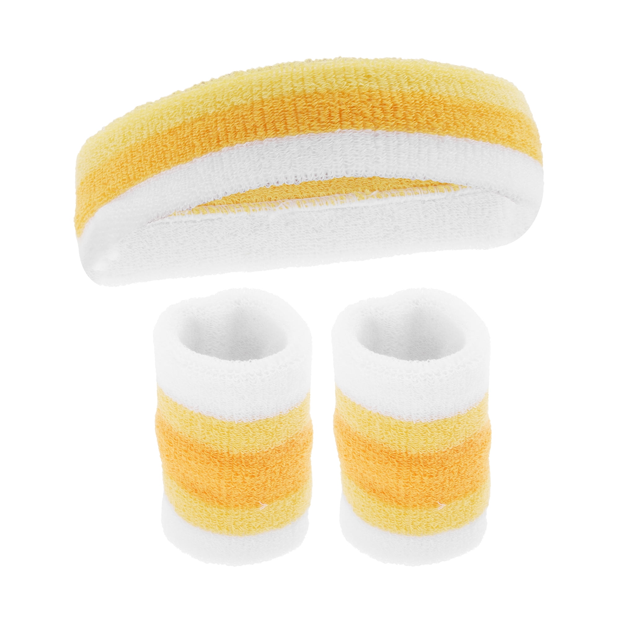 Unique Bargains 3Pcs Comfortable Headband With Wristband Sweat Headband White Yellow