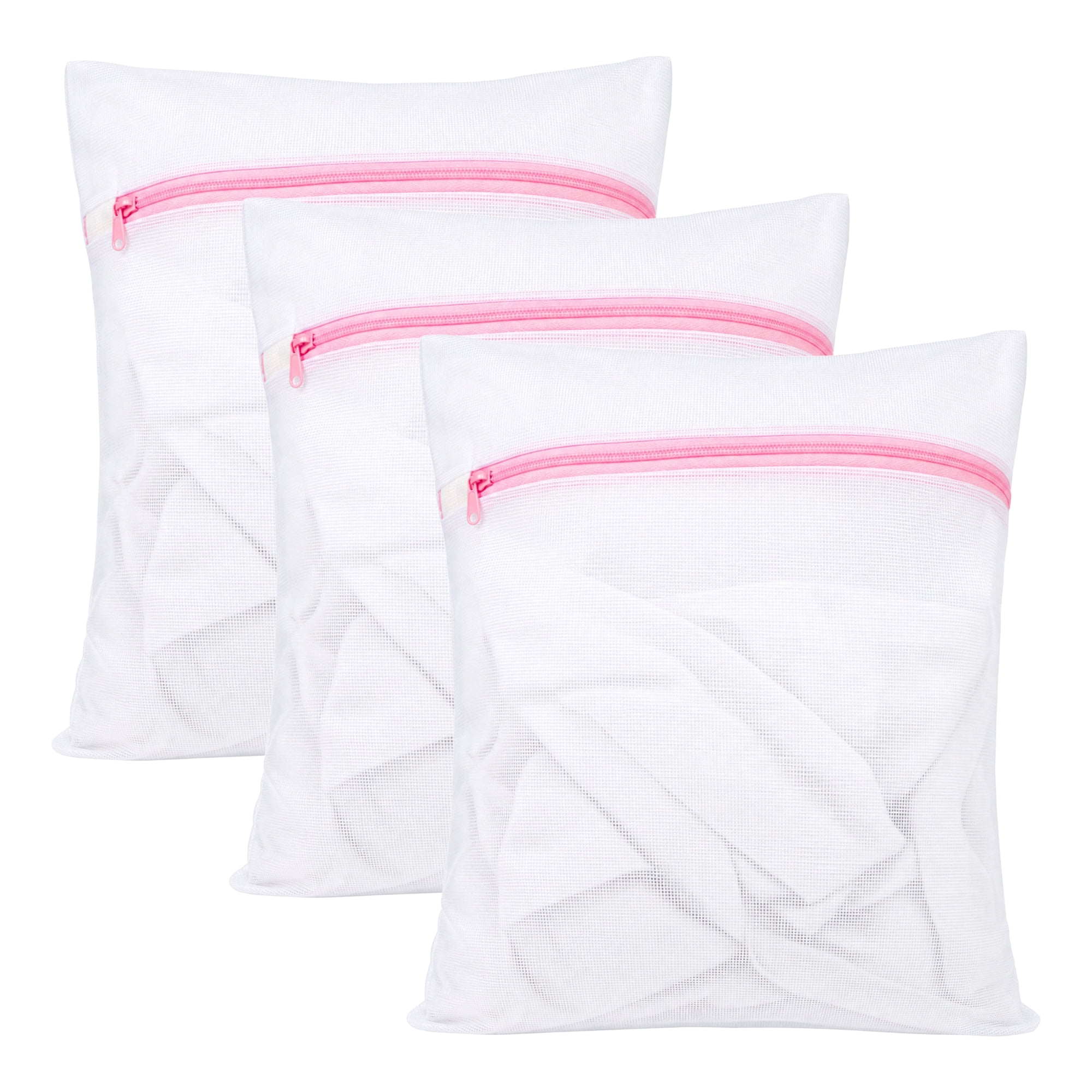 Unique Bargains 3Pcs Durable Mesh Zipper Closure Laundry Bag White-Pink 11.8" x 15.7"