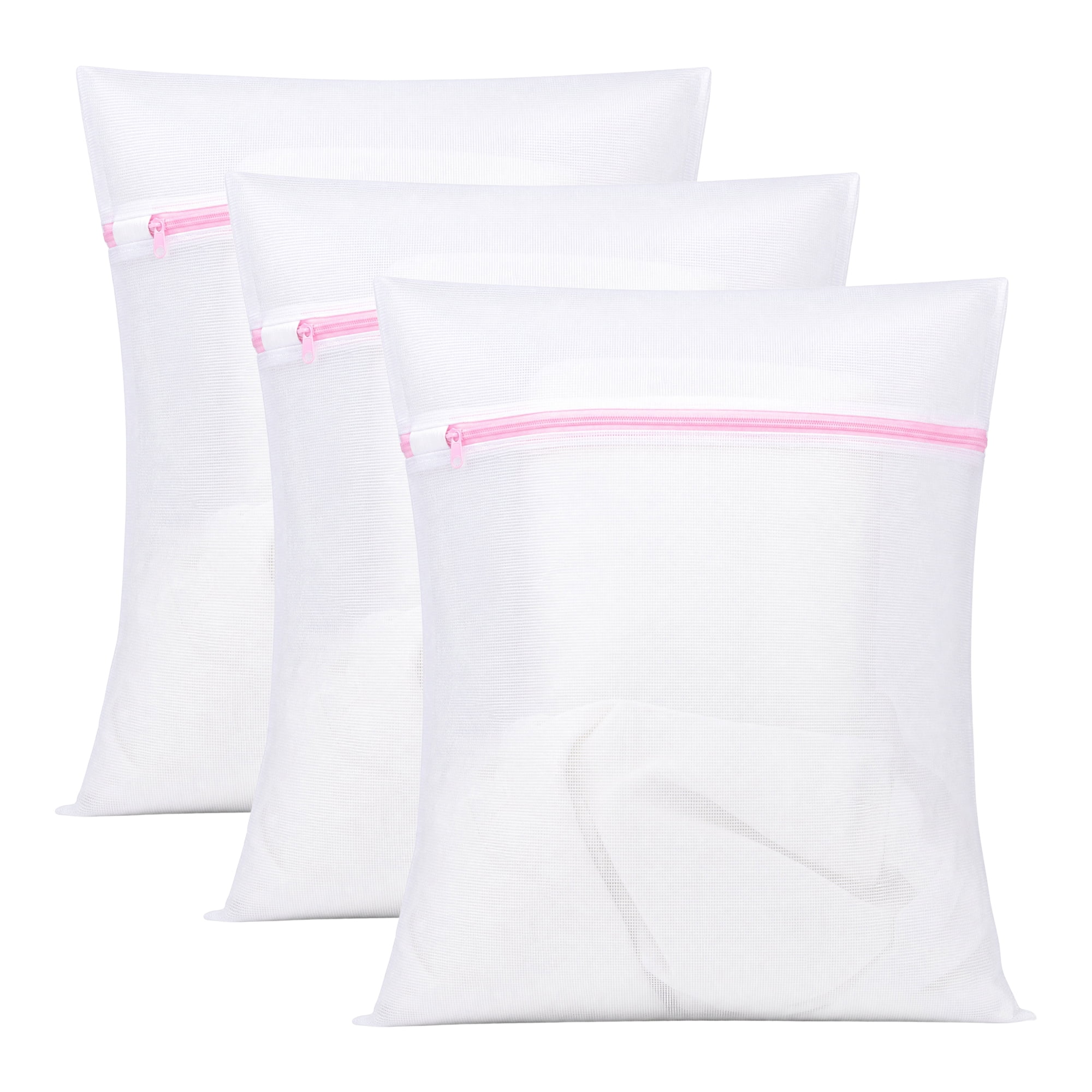 Unique Bargains 3Pcs Durable Mesh Zipper Closure Laundry Bag White-Pink 15.7" x 19.7"