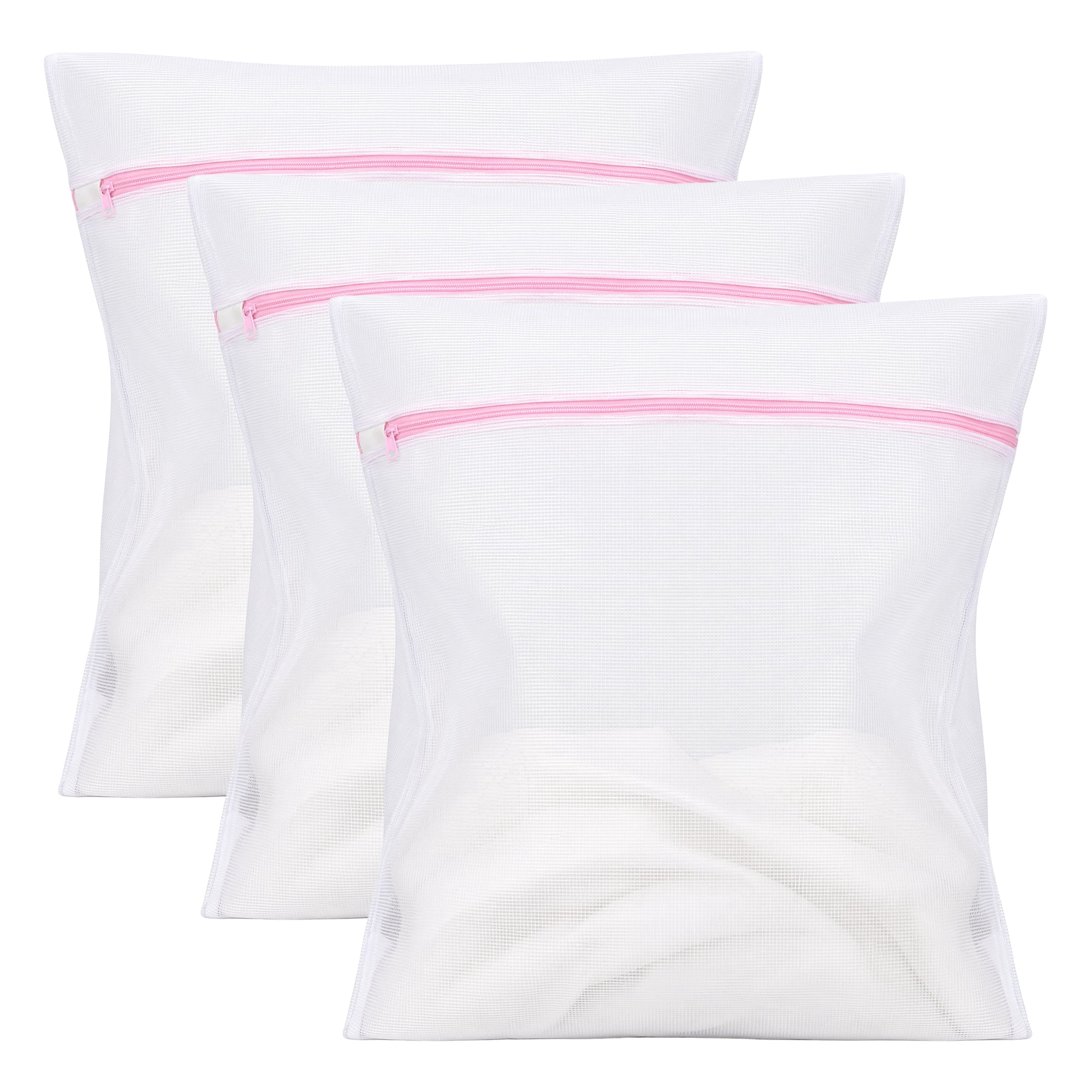 Unique Bargains 3Pcs Durable Mesh Zipper Closure Laundry Bag White-Pink 19.7" x 23.6"