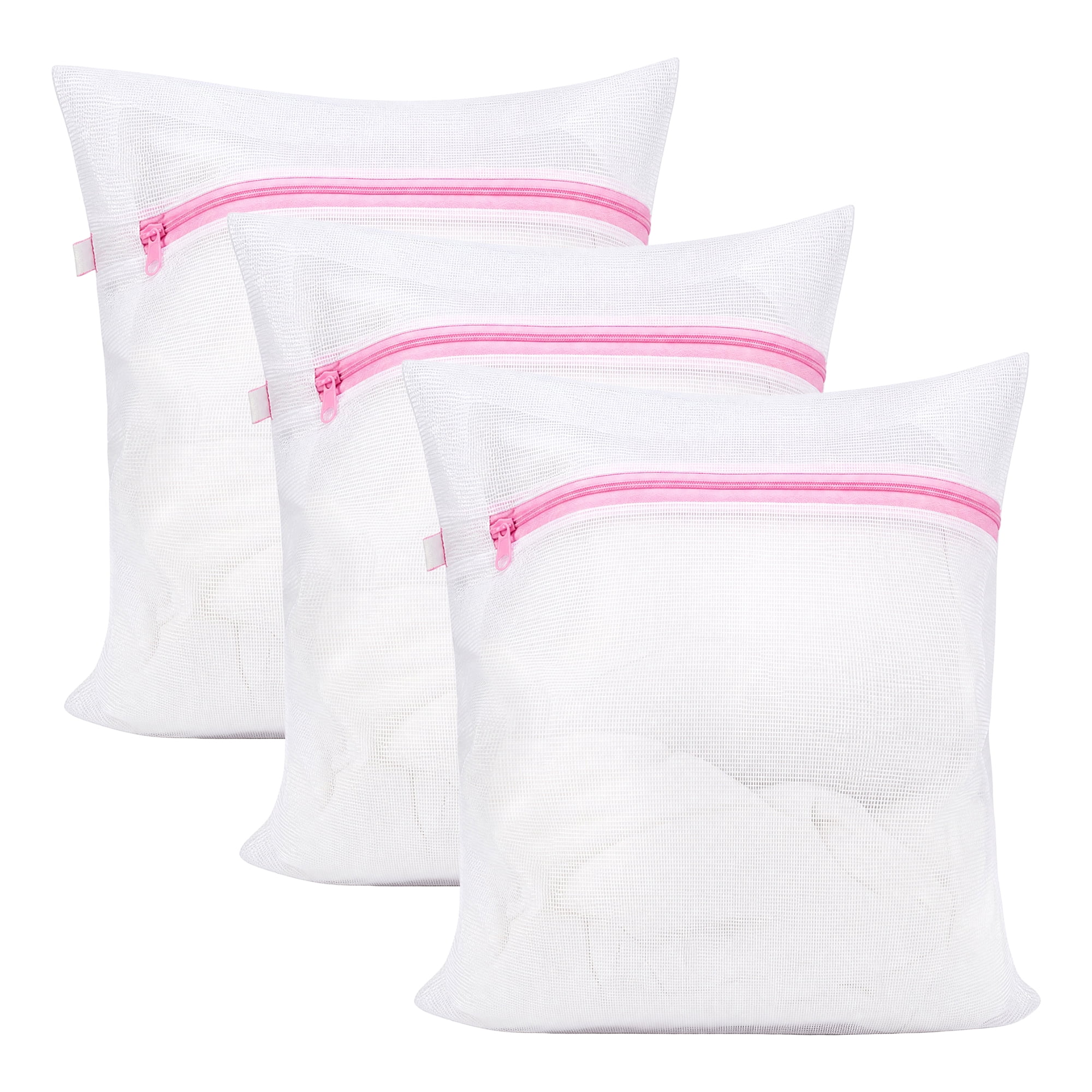 Unique Bargains 3Pcs Durable Mesh Zipper Closure Laundry Bag White-Pink 9.1" x 11.8"