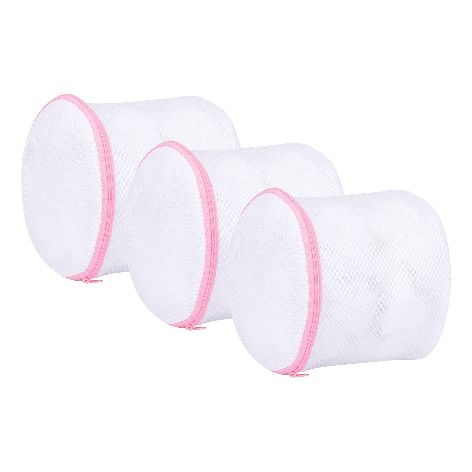 Unique Bargains 3Pcs Durable Mesh Zipper Closure Laundry Bags White-Pink 5.9" x 6.3"