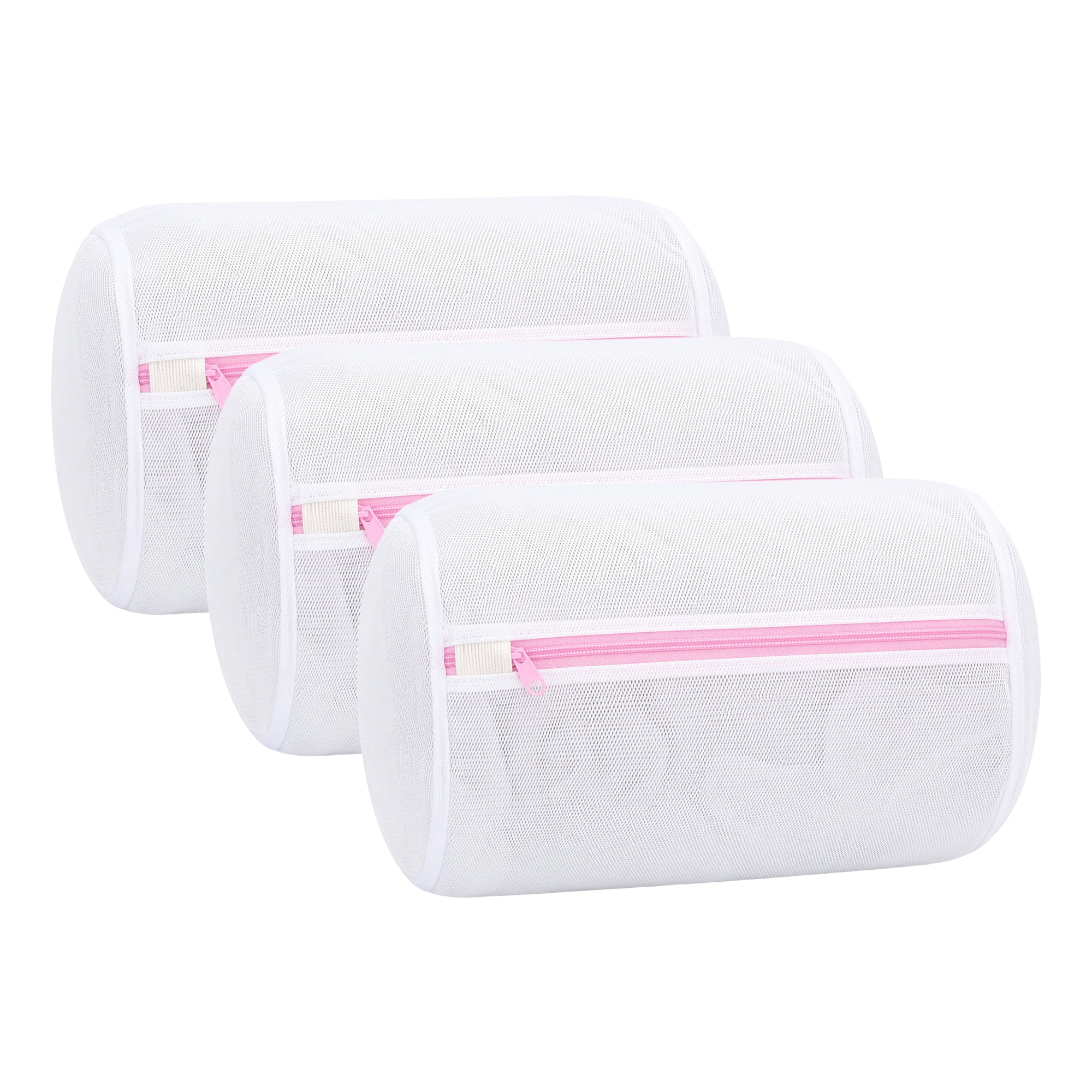 Unique Bargains 3Pcs Durable Mesh Zipper Closure Laundry Bags White-Pink 7.9" x 11.8"