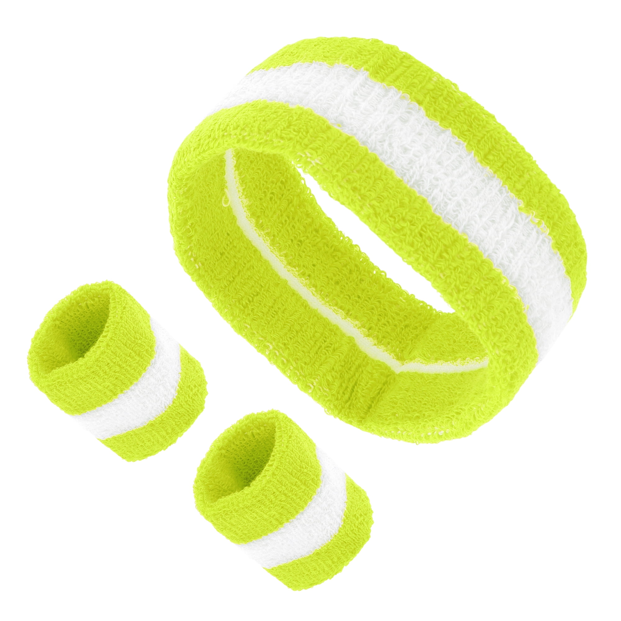 Unique Bargains 3Pcs Headband with Wristband Sweat Headband Fluorescent Green White