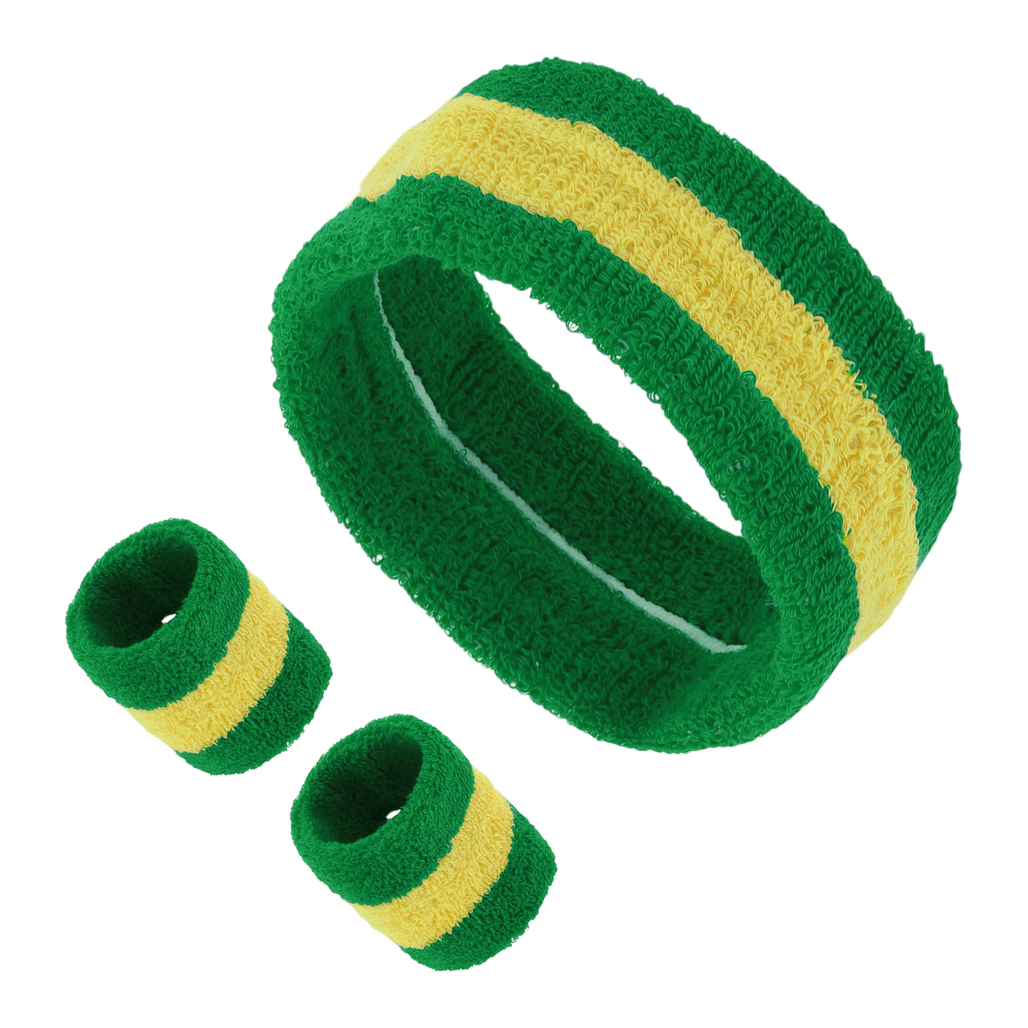 Unique Bargains 3Pcs Headband with Wristband Sweat Headband Green Yellow