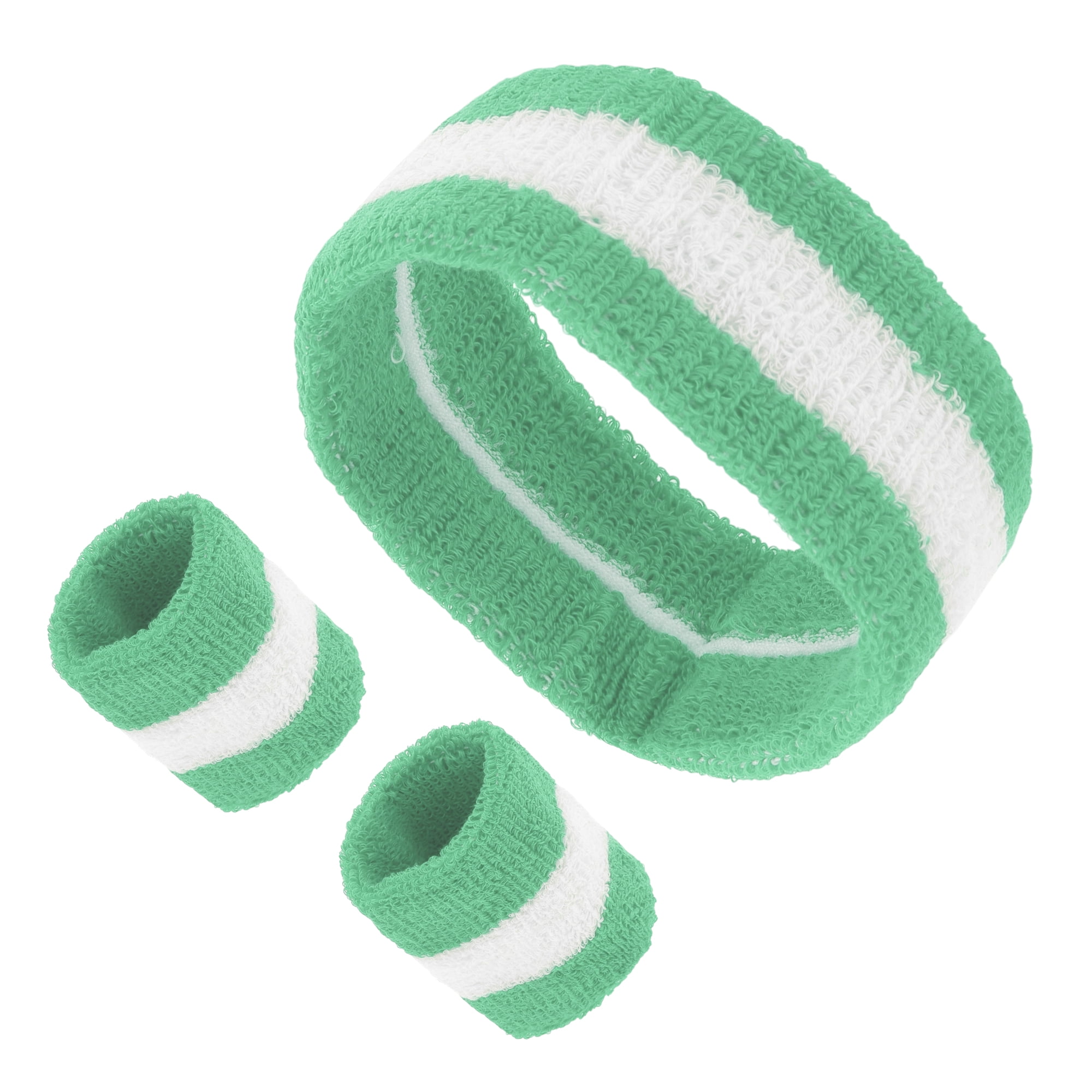 Unique Bargains 3Pcs Headband with Wristband Sweat Headband Light Green White
