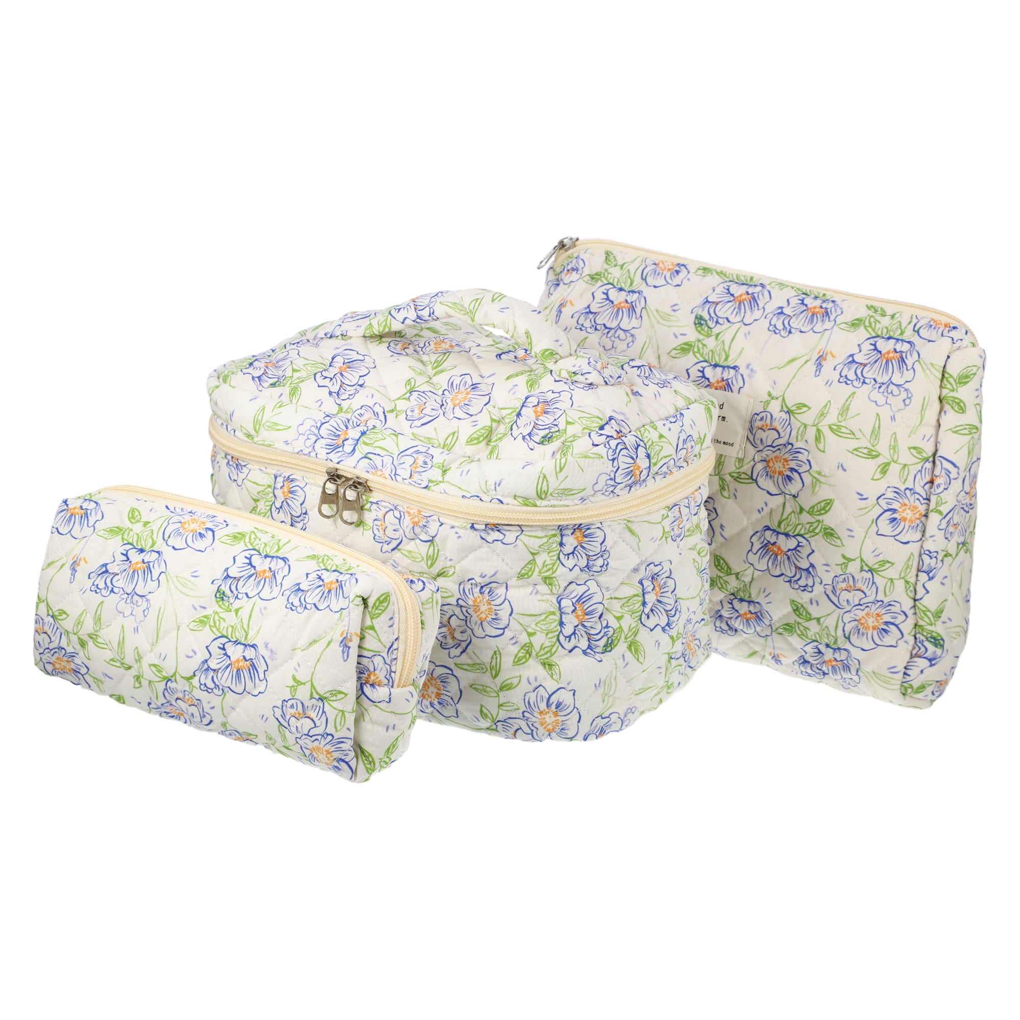 Unique Bargains 3Pcs Large Capacity Travel Cotton Quilted Toiletry Bag Blue, Beige