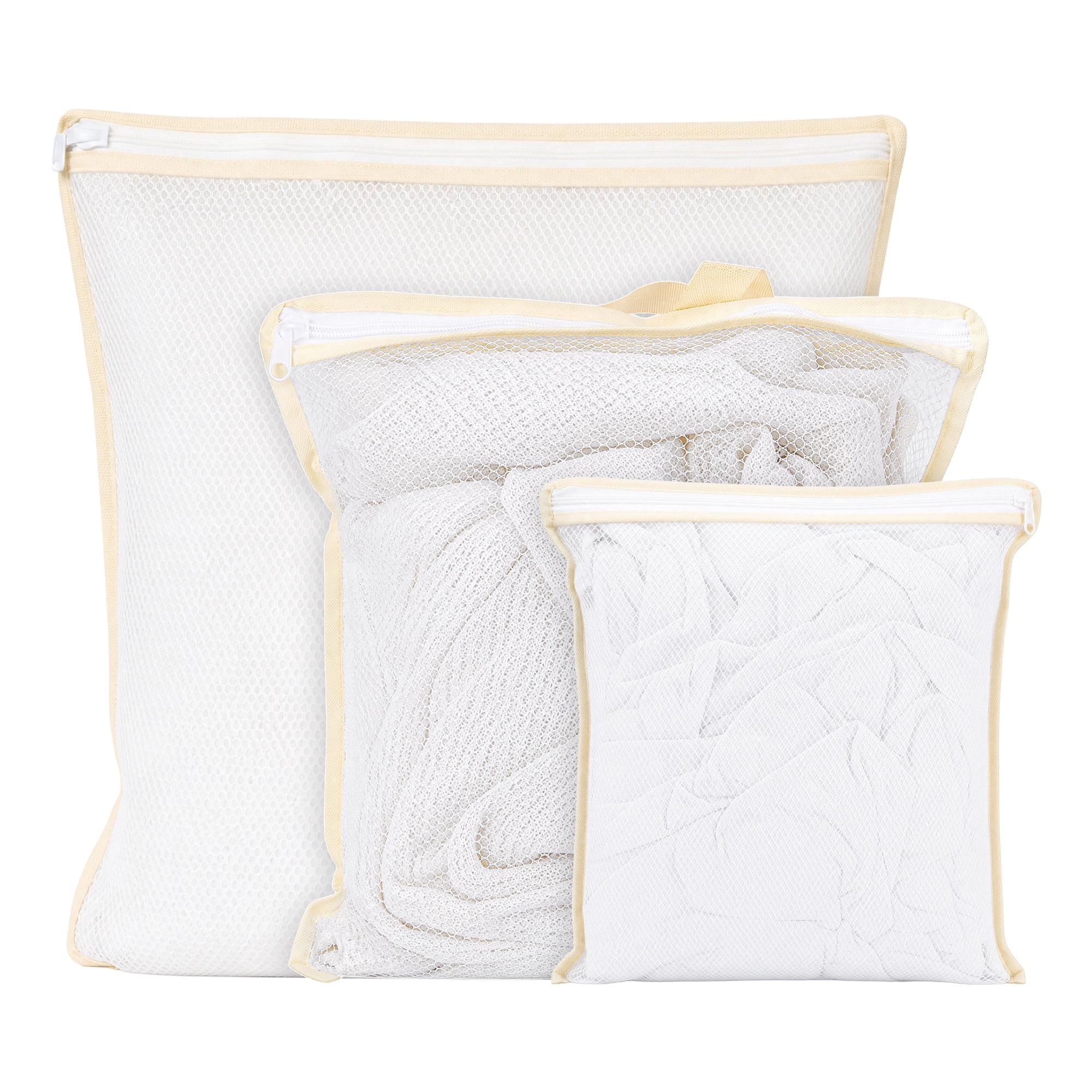 Unique Bargains 3Pcs Polyester Mesh Laundry Bags with Zipper Closure White A