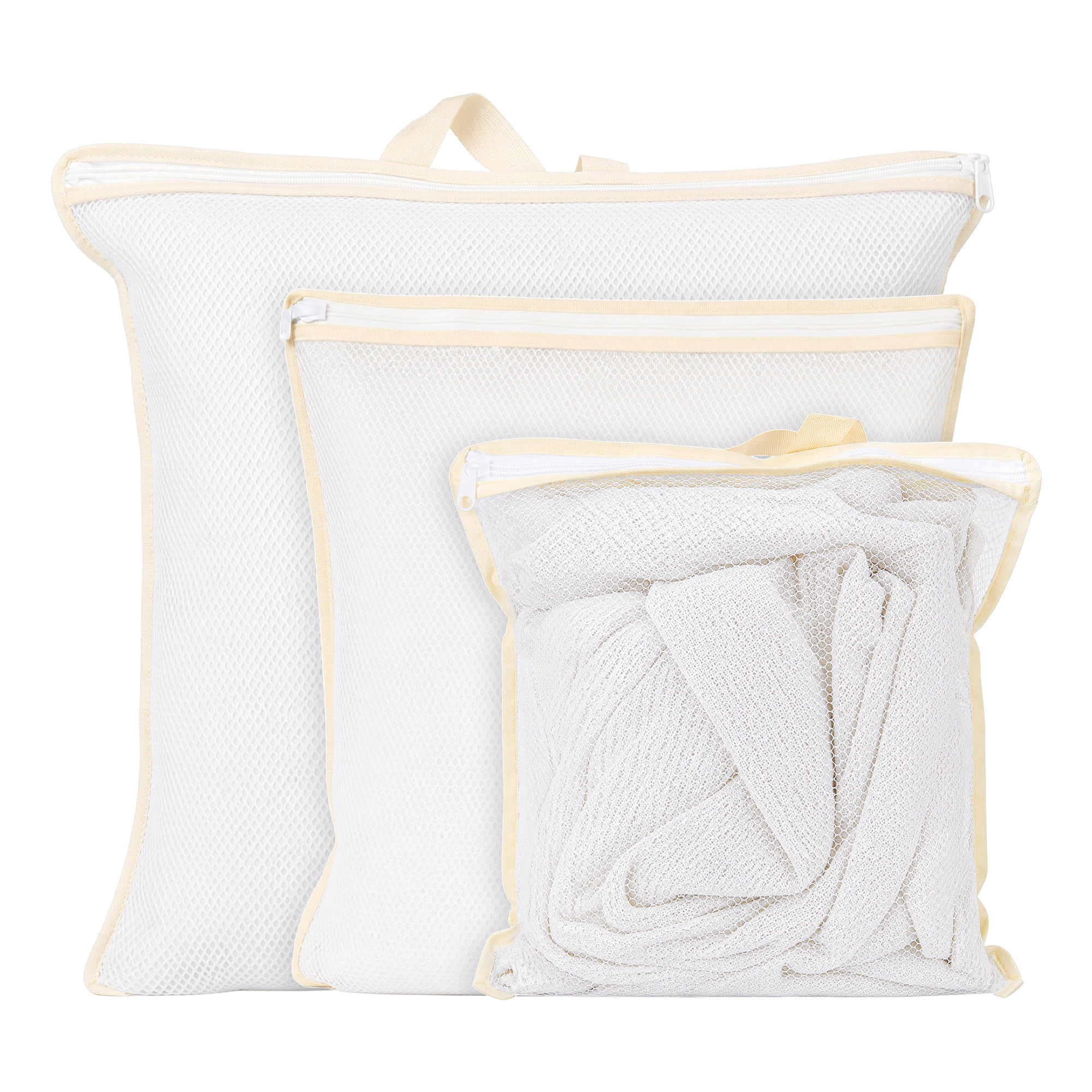 Unique Bargains 3Pcs Polyester Mesh Laundry Bags with Zipper Closure White B