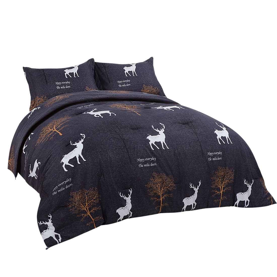 Unique Bargains 3pc Deer Comforter Set, Queen, Polyester, Dark Blue