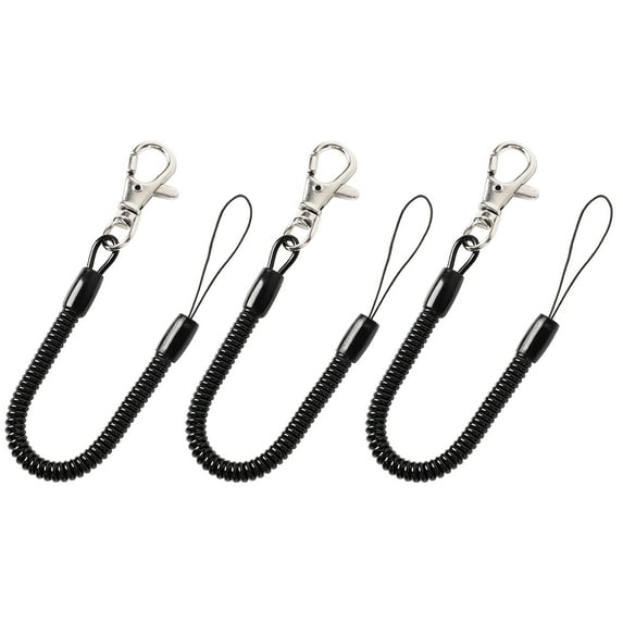 Lobster Clasp Keychain Ring Stretchy Spiral Coiled Strap Black 3pcs