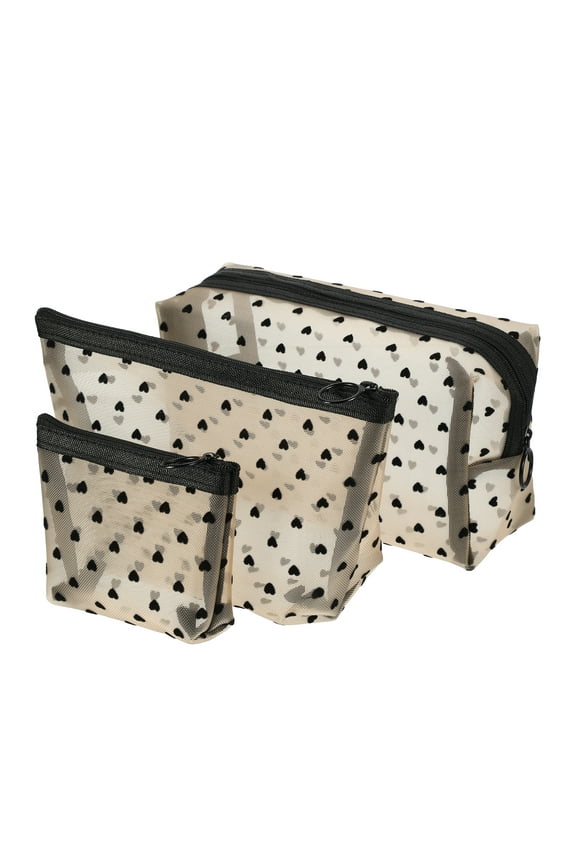 3pcs Heart Shape Print Mesh Makeup Bag Clear Makeup Pouch w Zipper Beige