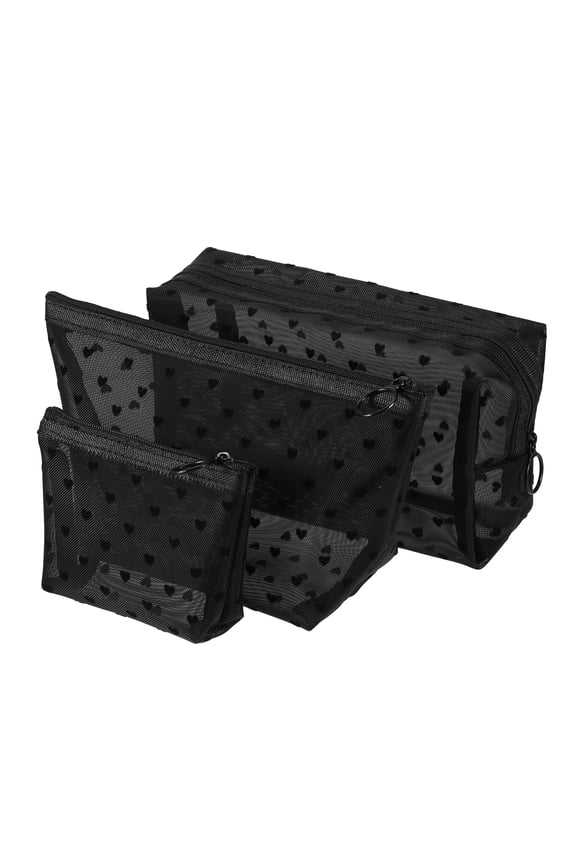 3pcs Heart Shape Print Mesh Makeup Bag Clear Makeup Pouch w Zipper Black