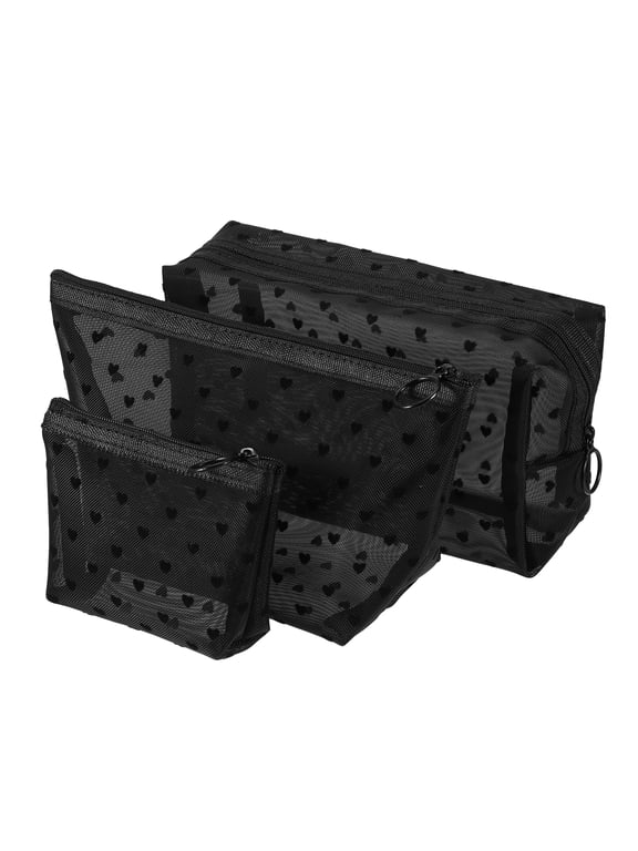 3pcs Heart Shape Print Mesh Makeup Bag Clear Makeup Pouch w Zipper Black