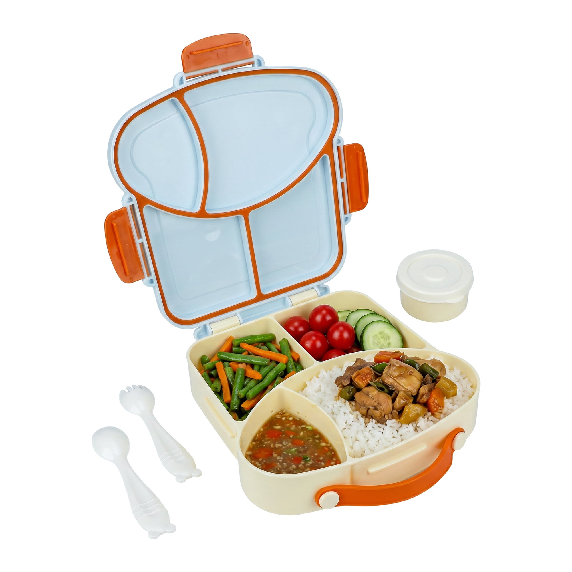 Unique Bargains 4-Compartment Meal Lunch Bento Box with Matching Cutlery Blue Yellow