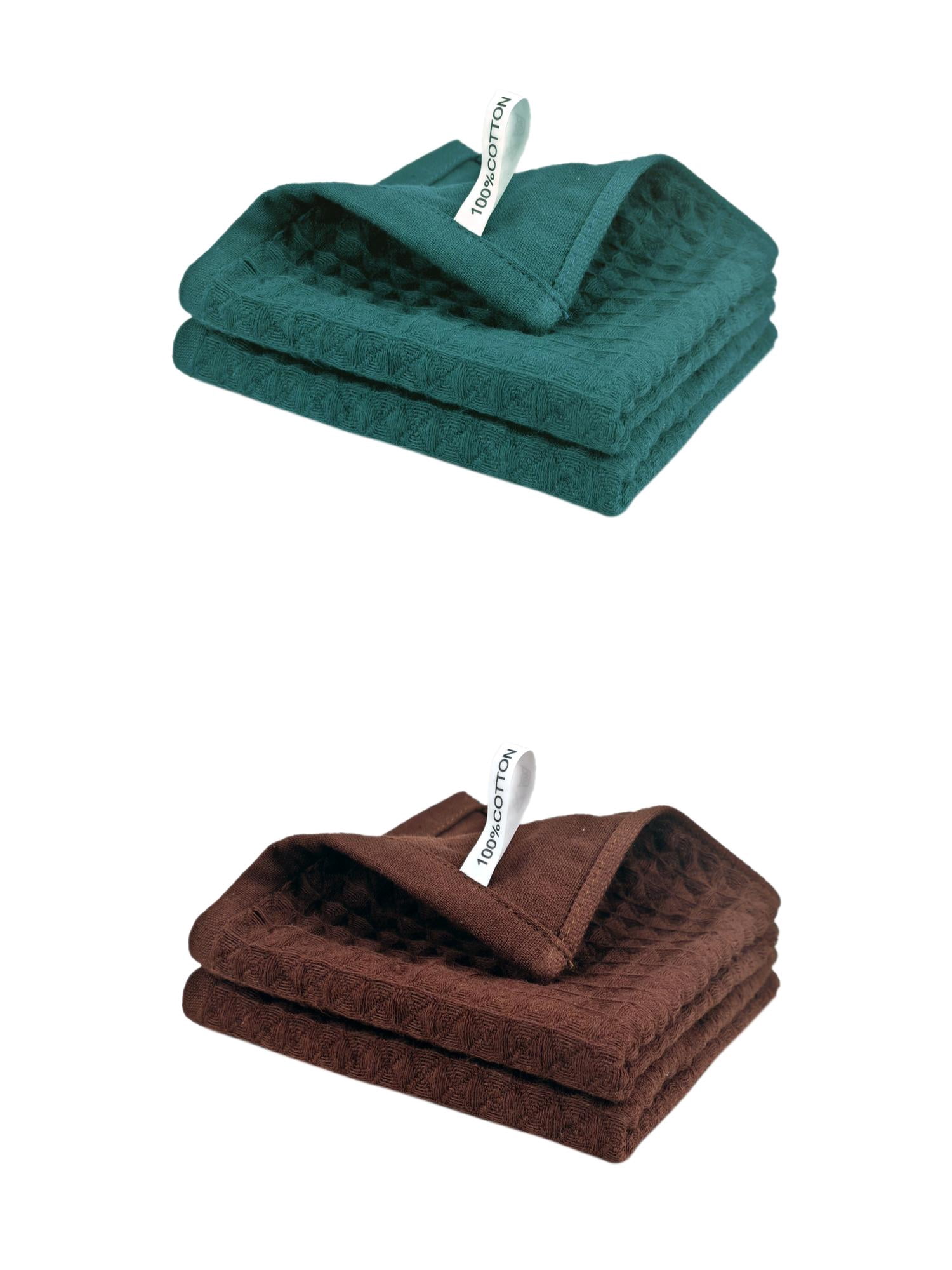 Unique Bargains 4 Pack 100% Cotton Waffle Weave Kitchen Towels Brown/Green 12" x 12"