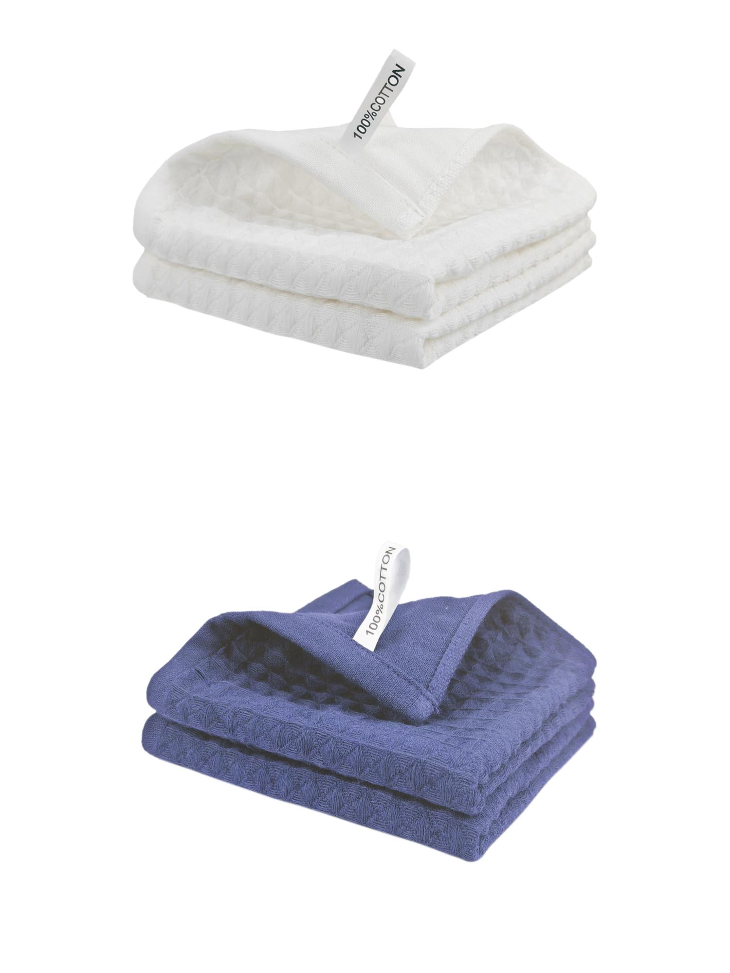 Unique Bargains 4 Pack 100% Cotton Waffle Weave Kitchen Towels Ivory/Blue 12" x 12"