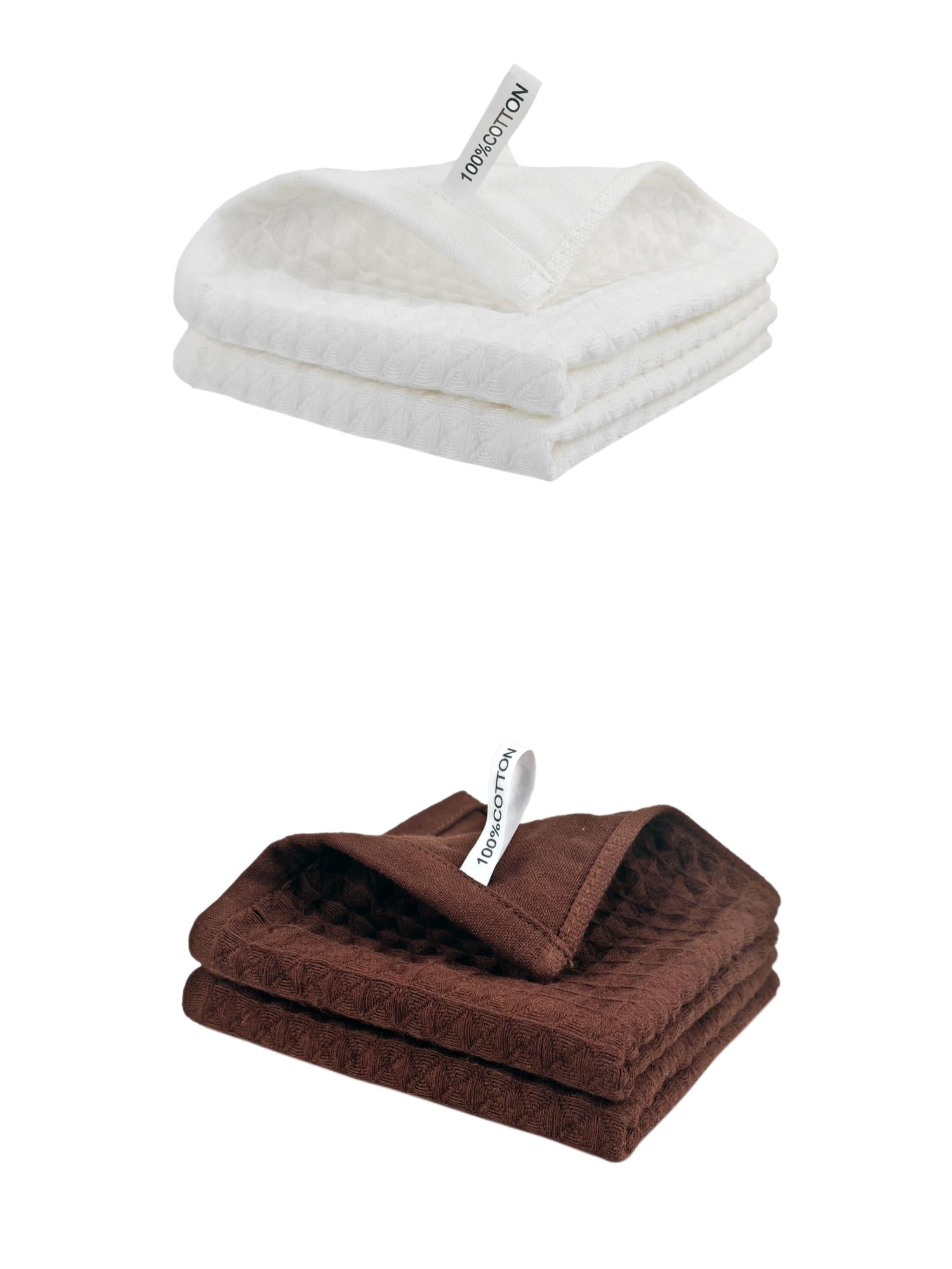 Unique Bargains 4 Pack 100% Cotton Waffle Weave Kitchen Towels Ivory/Brown 12" x 12"