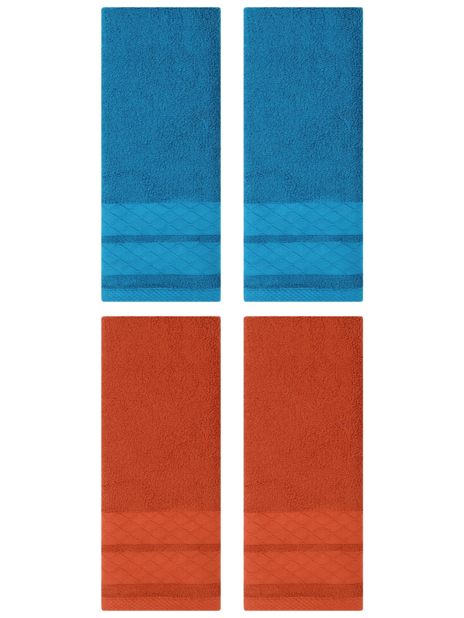 Unique Bargains 4 Pack Geometry Pattern Cotton Soft Hand Towels Blue/Coral 14" x 30"