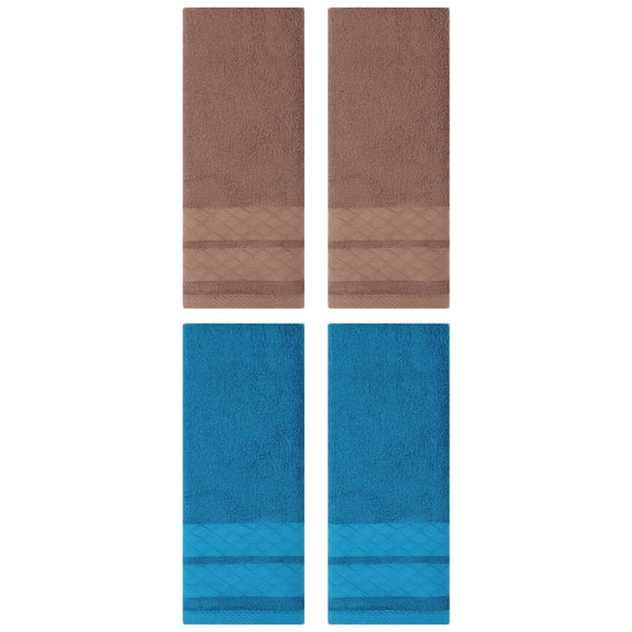 Unique Bargains 4 Pack Geometry Pattern Cotton Soft Hand Towels Brown/Blue 14" x 30"
