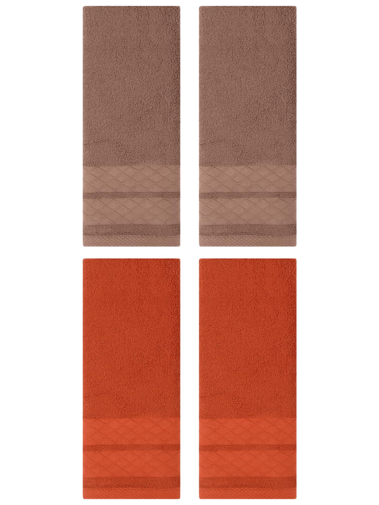 Unique Bargains 4 Pack Geometry Pattern Cotton Soft Hand Towels Brown/Coral 14" x 30"
