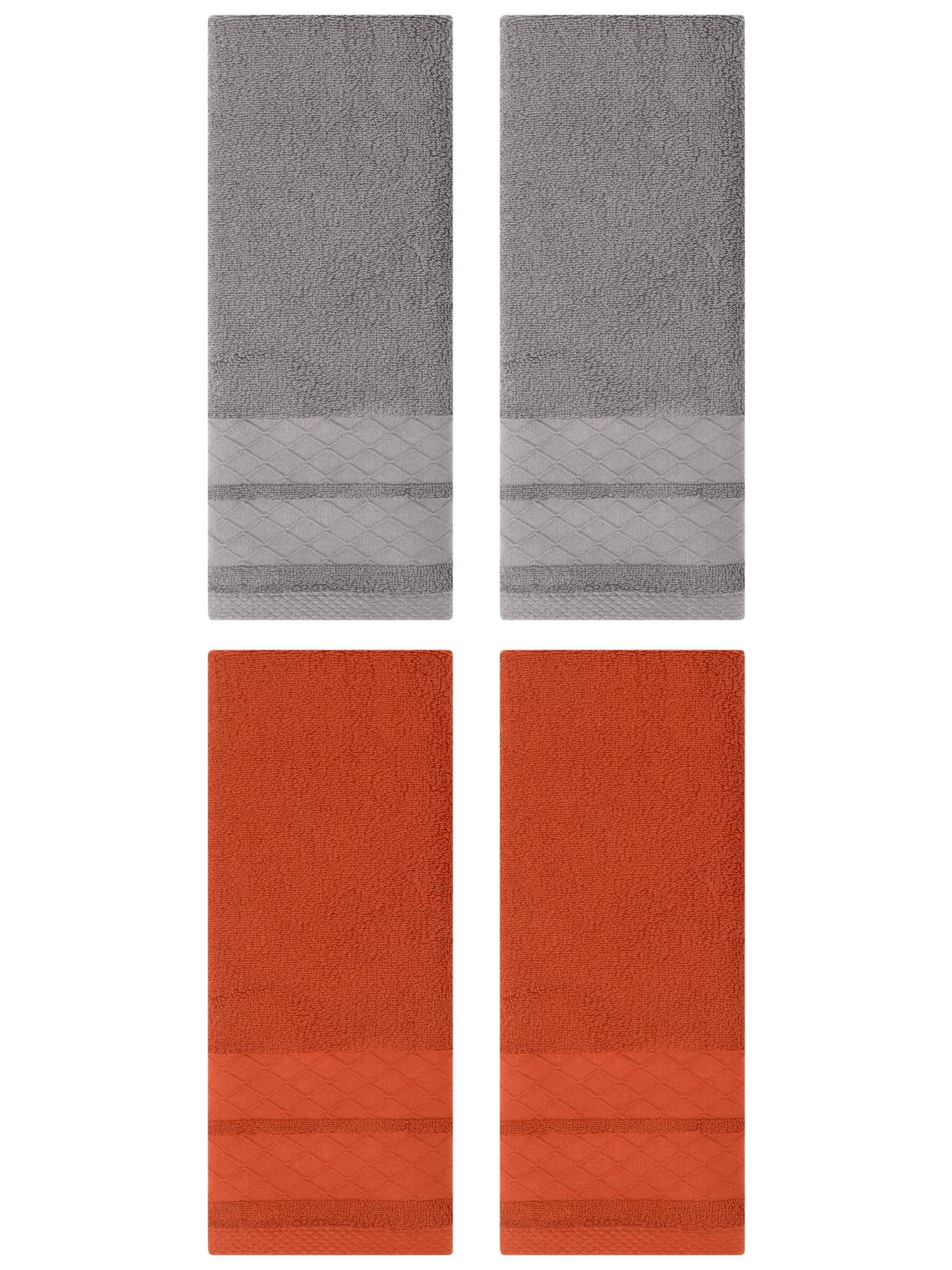 Unique Bargains 4 Pack Geometry Pattern Cotton Soft Hand Towels Grey/Coral 14" x 30"