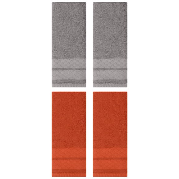 Unique Bargains 4 Pack Geometry Pattern Cotton Soft Hand Towels Grey/Coral 14" x 30"