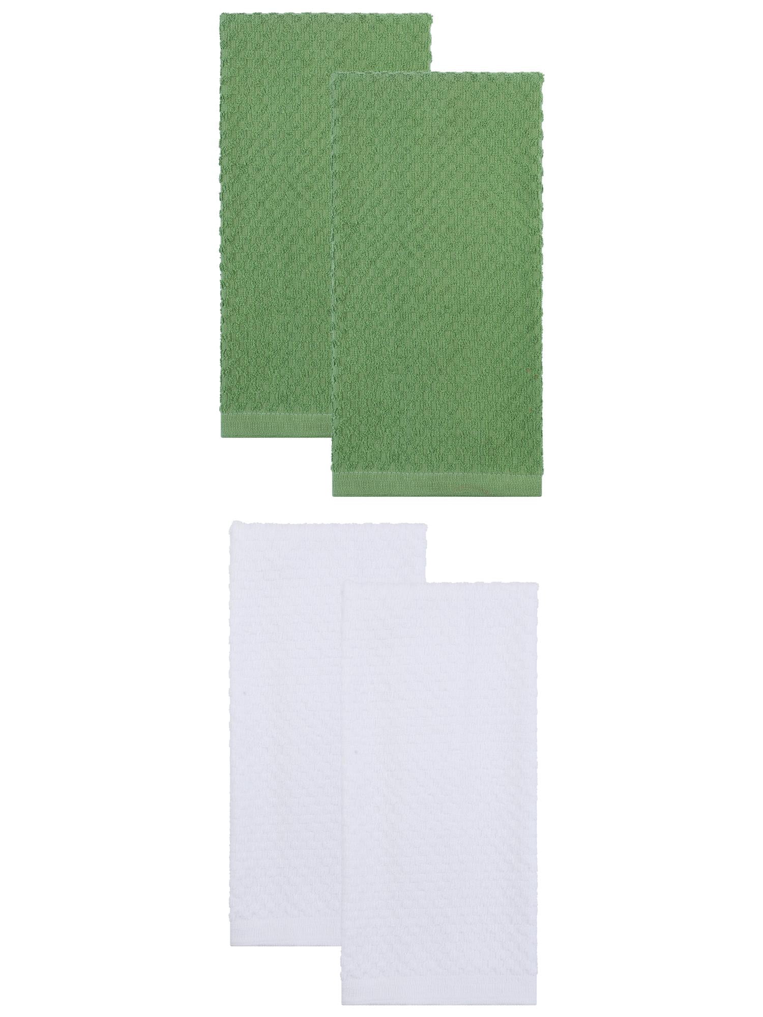 Unique Bargains 4 Pack Kitchen Towels 100% Pure Cotton Absorbent White/Green 25" x 15"