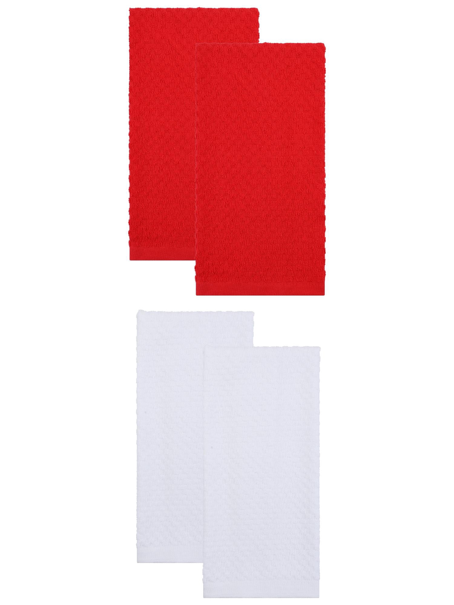 Unique Bargains 4 Pack Kitchen Towels 100% Pure Cotton Absorbent White/Red 25" x 15"