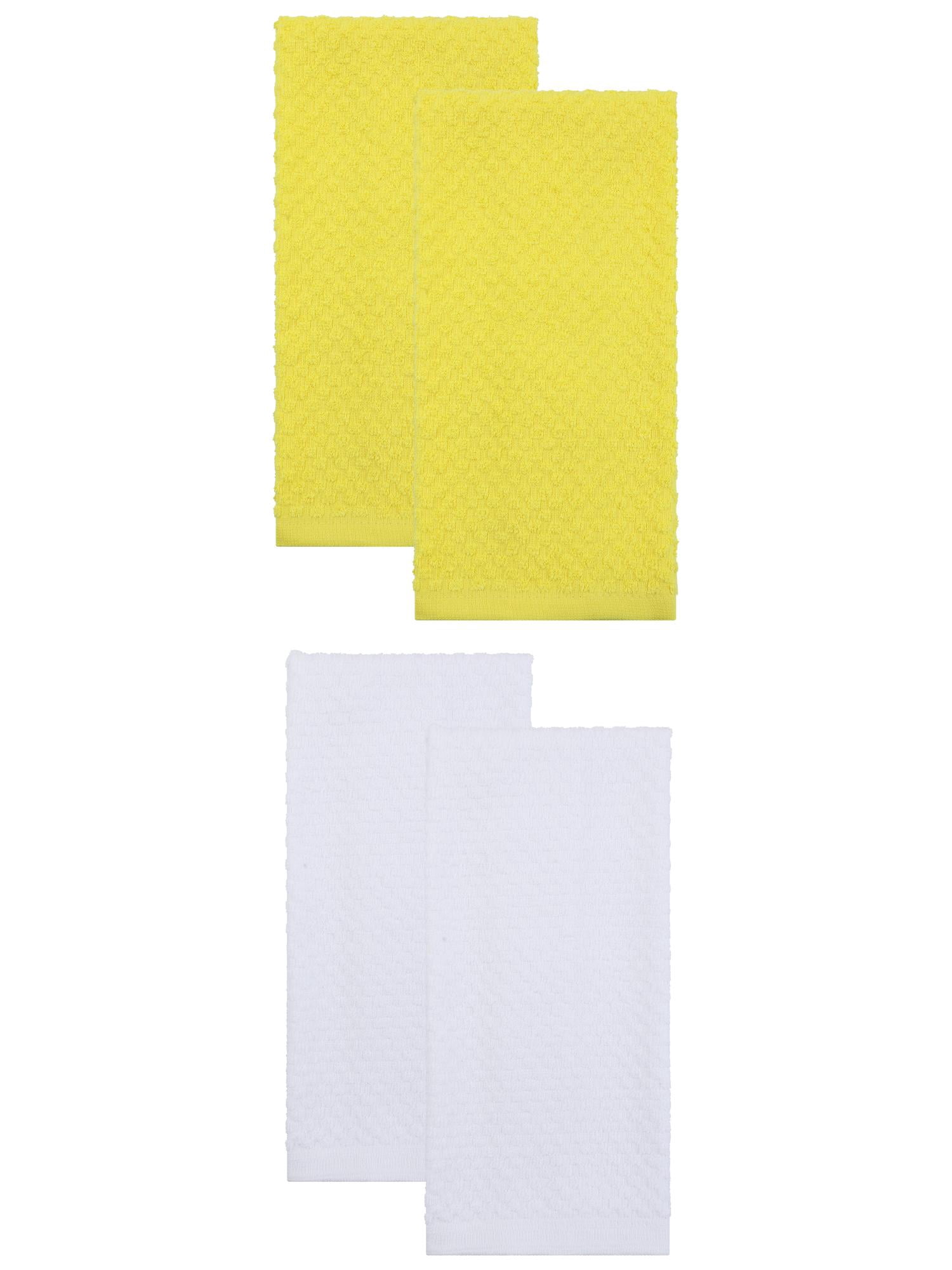 Unique Bargains 4 Pack Kitchen Towels 100% Pure Cotton Absorbent White/Yellow 25" x 15"