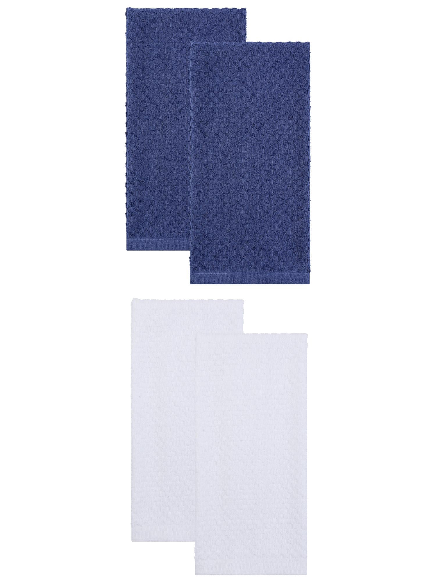 Unique Bargains 4 Pack Kitchen Towels 100% Pure Cotton Soft Absorbent White/Blue 25" x 15"