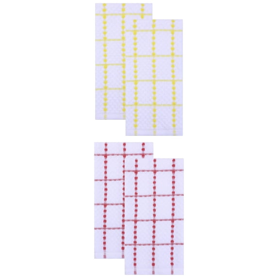 Unique Bargains 4 Pack Kitchen Towels Plaid 100% Cotton Quick Dry Red/Yellow 25" x 15"