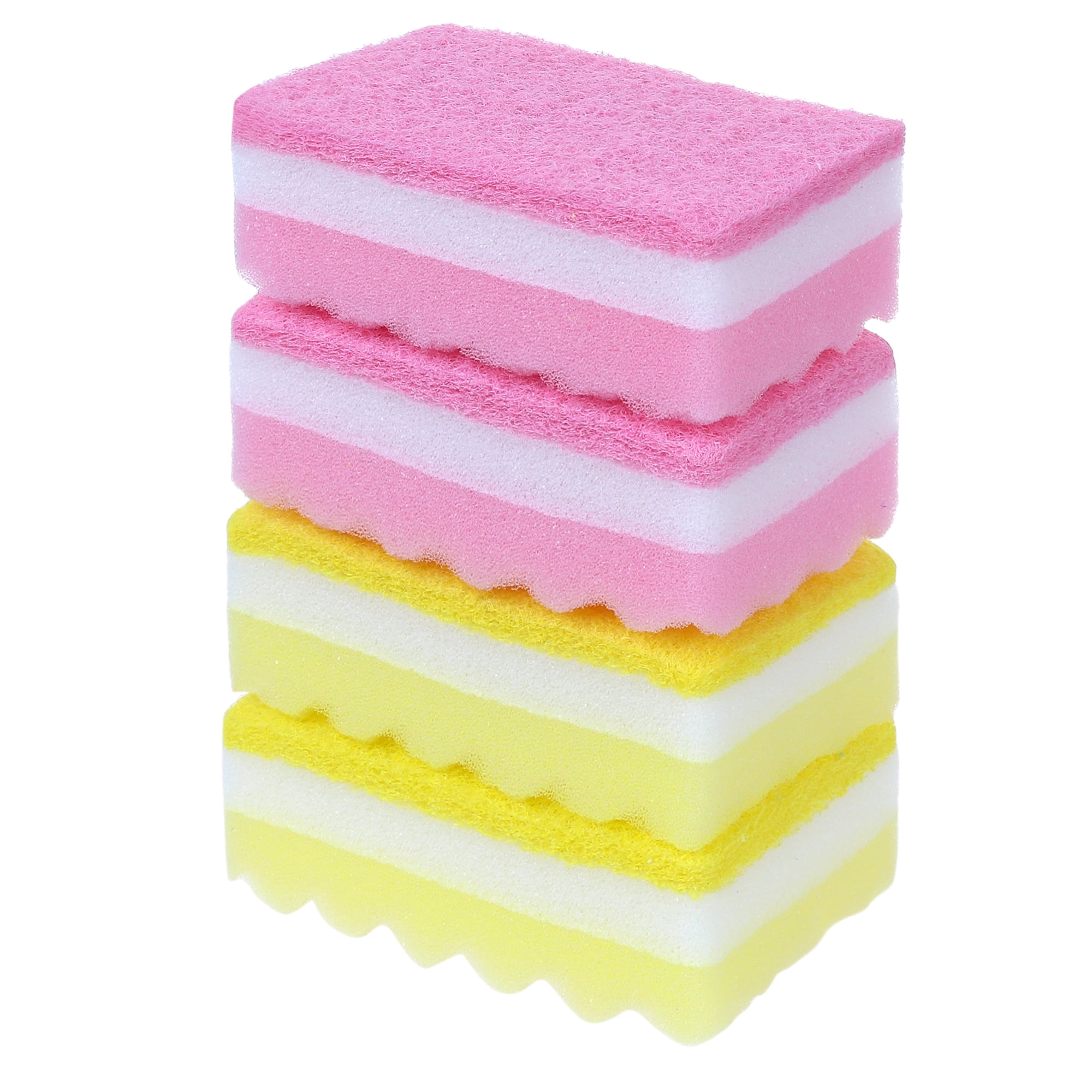 Unique Bargains 4 Pack Non-Scratch Scrub Sponges Home Kitchen Cleaning Sponge Yellow Pink