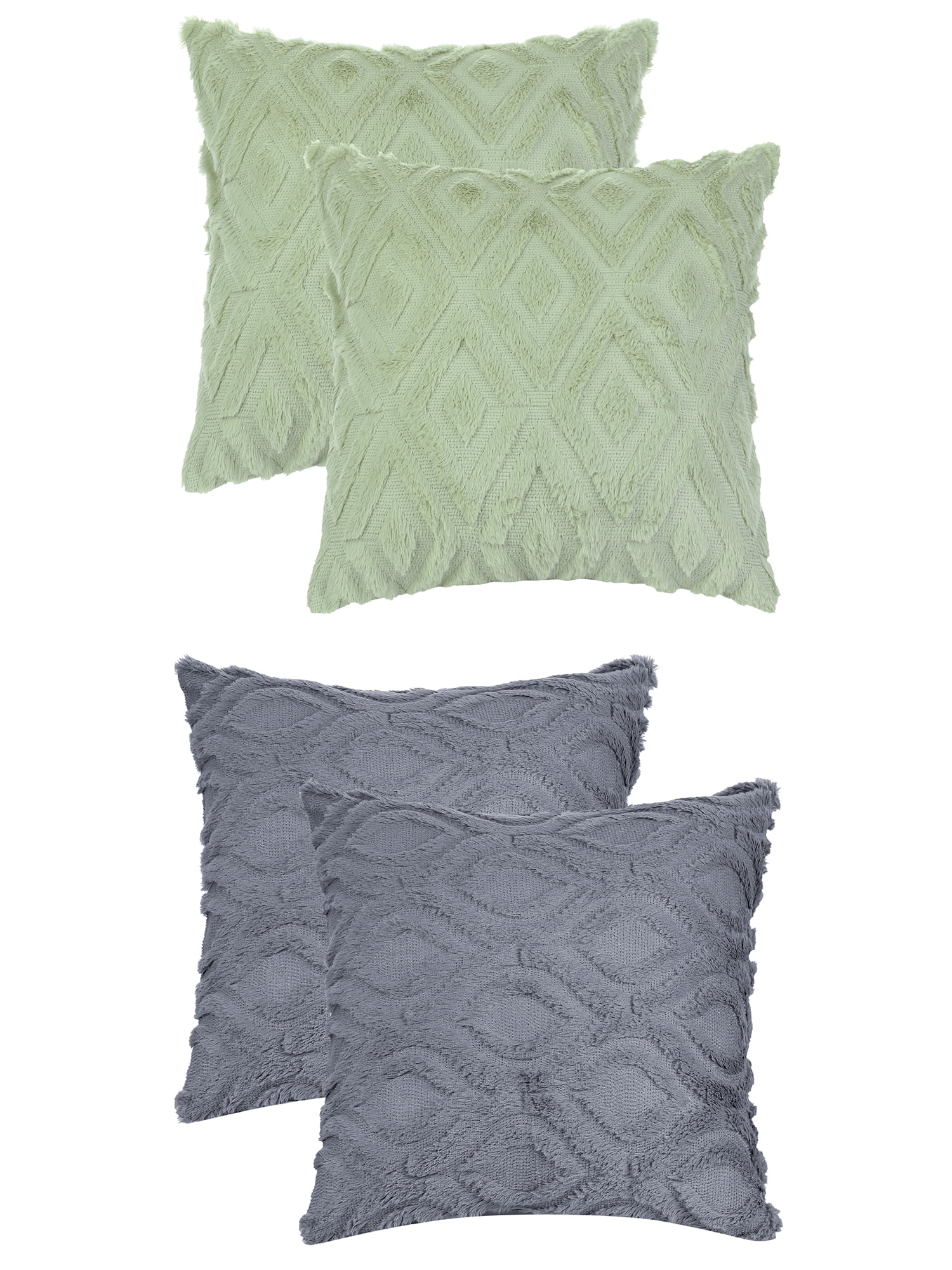 Unique Bargains 4 Pack Shaggy Plush Throw Pillow Covers Soft Couch Pillow Covers Set Green-1/Grey-2 16" x 16"