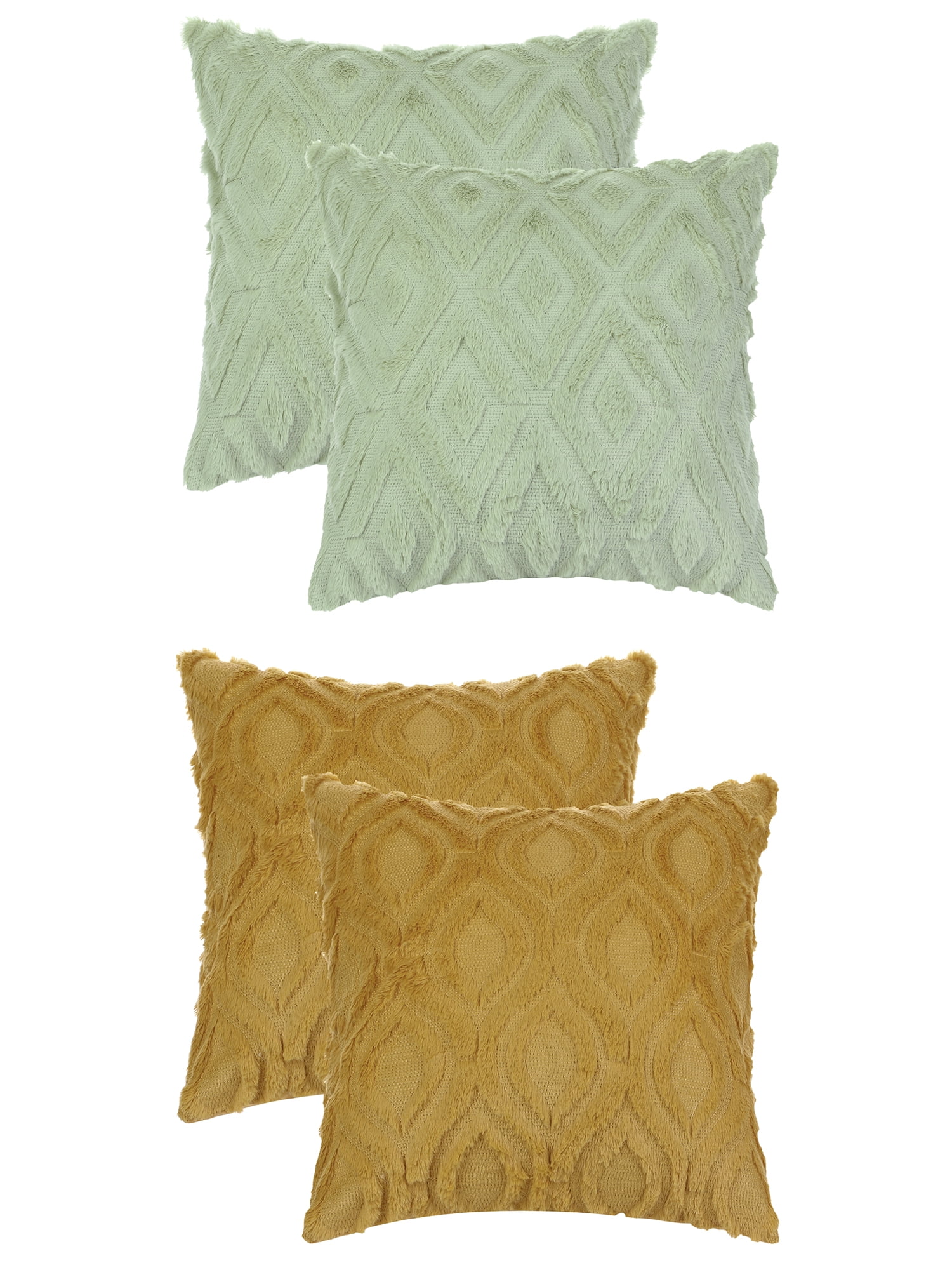 Unique Bargains 4 Pack Shaggy Plush Throw Pillow Covers Soft Couch Pillow Covers Set Green-1/Yellow-2 16" x 16"