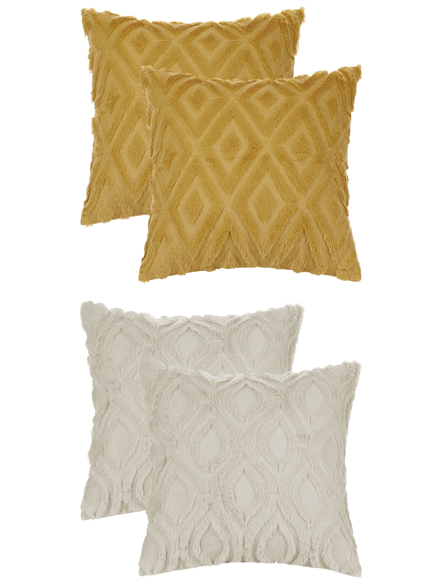 Unique Bargains 4 Pack Shaggy Plush Throw Pillow Covers Soft Couch Pillow Covers Set Khaki-2/Yellow-1 20" x 20"
