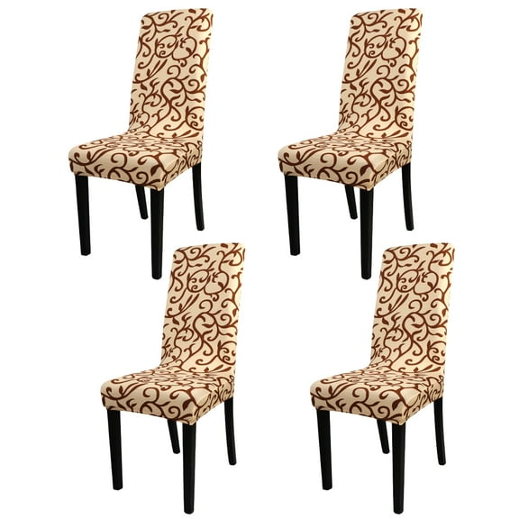 Unique Bargains 4pcs Stretch Slipcovers Floral Removable Dining Room Seat Chair Cover Champagne and Coffee Color